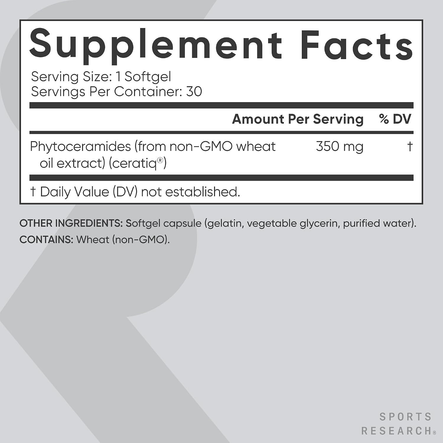 Sports Research® Phytoceramides 350mg w/Ceratiq®, 30 Softgels | Plant-Derived Ceramides for Beauty from Within Skin Hydration | Made with Certiq® | Non-GMO, Soy-Free - 30 Servings