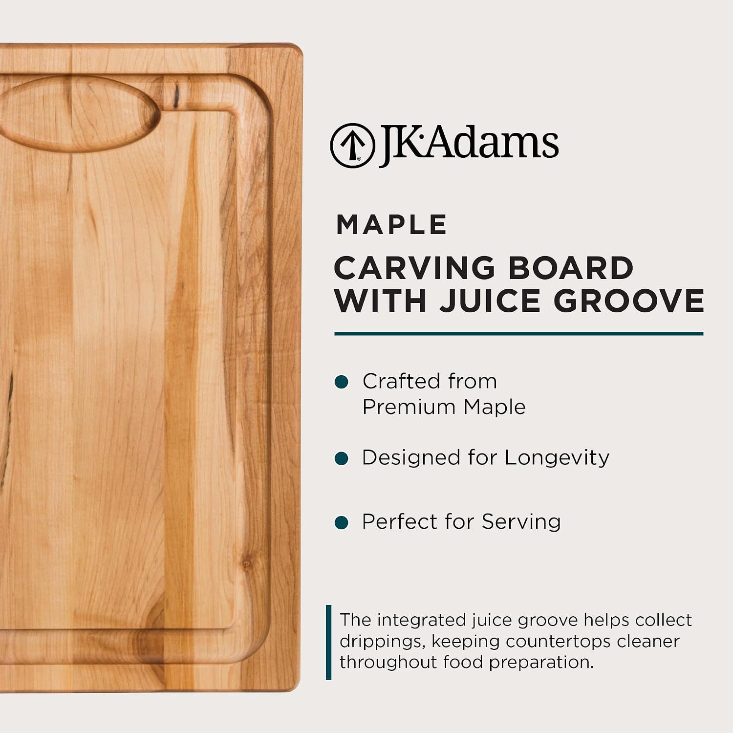 J.K. Adams Farmhouse Carving Board w/ Juice Groove, 14" x 20" | Maple Wood Kitchen Cutting Board for Food Prep and Chopping