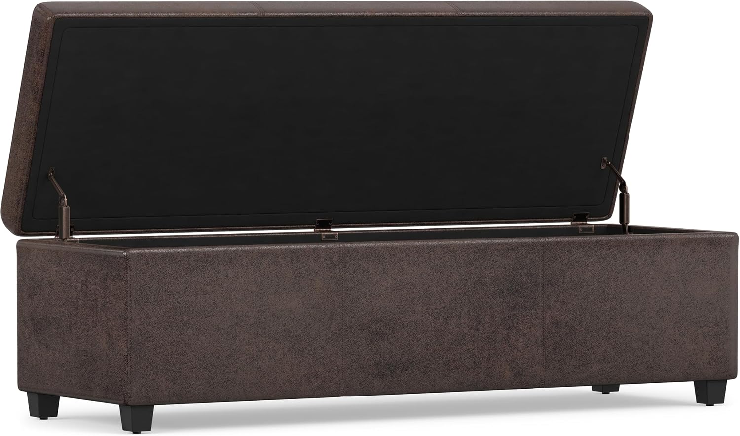 SIMPLIHOME Avalon 54" Wide Vegan Leather Storage Ottoman in Tanners Brown
