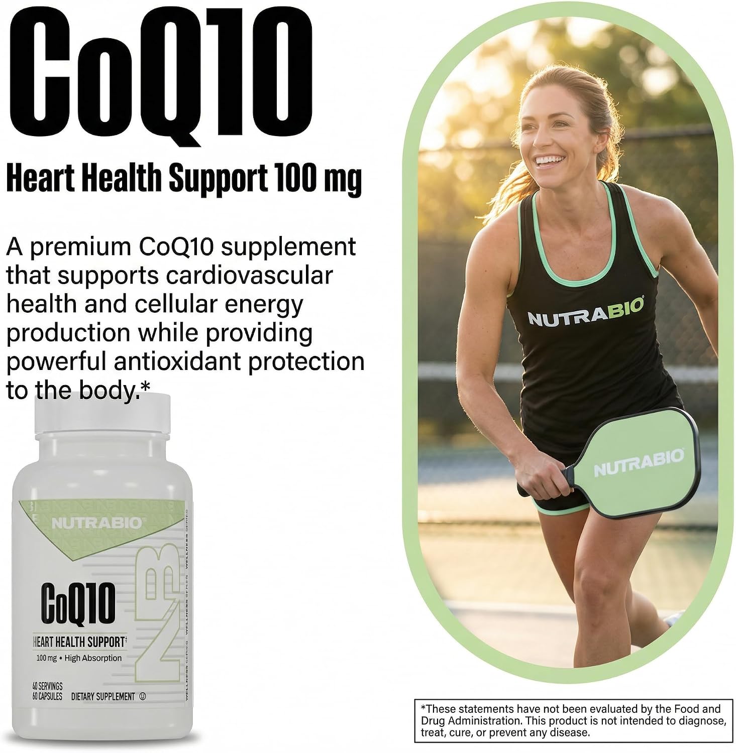 NutraBio CoQ10 Dietary Supplement, Healthy Heart Function & Cellular Energy Production, 100mg - 60 Capsules