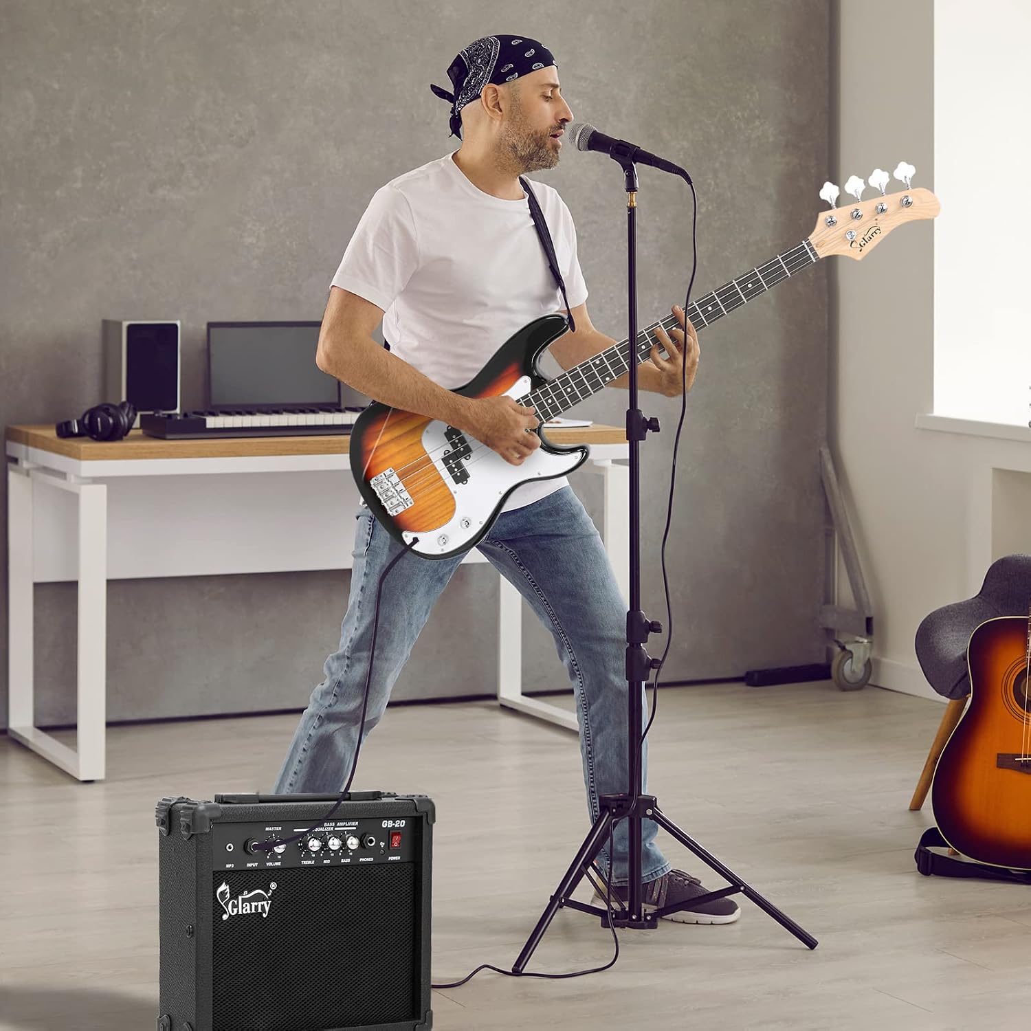 GLARRY Full Size Electric Bass Guitar Beginner Kit 4 String Exquisite Basswood Bass with 20W AMP, Cable, Strap, Bag and Accessories (Transparent Blue, 39"Right Handed)