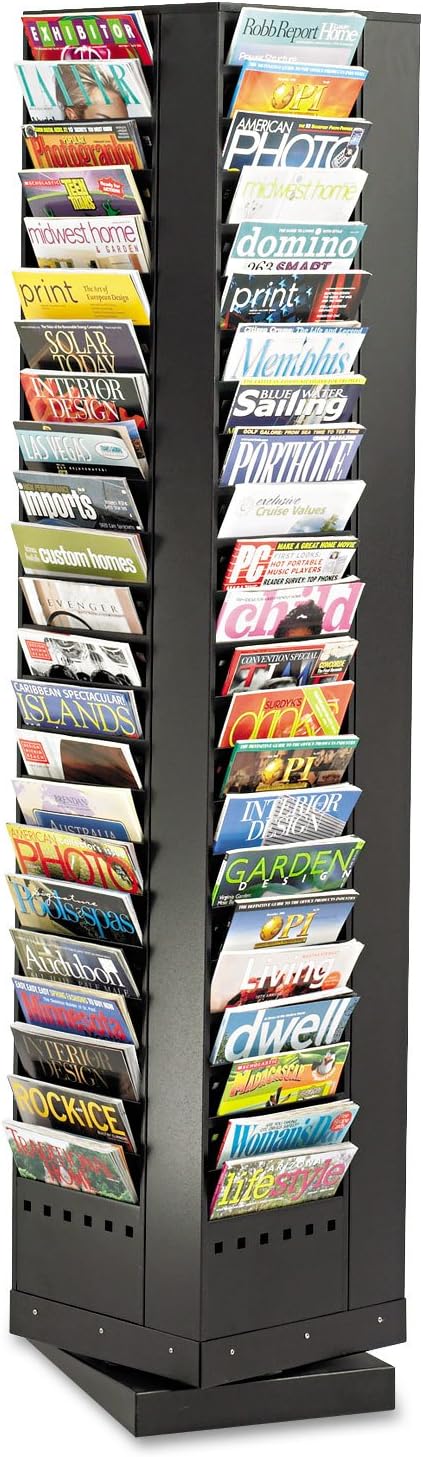 Safco 4325BL Steel Rotary Magazine Rack 92 Compartments 14w x 14d x 68h Black