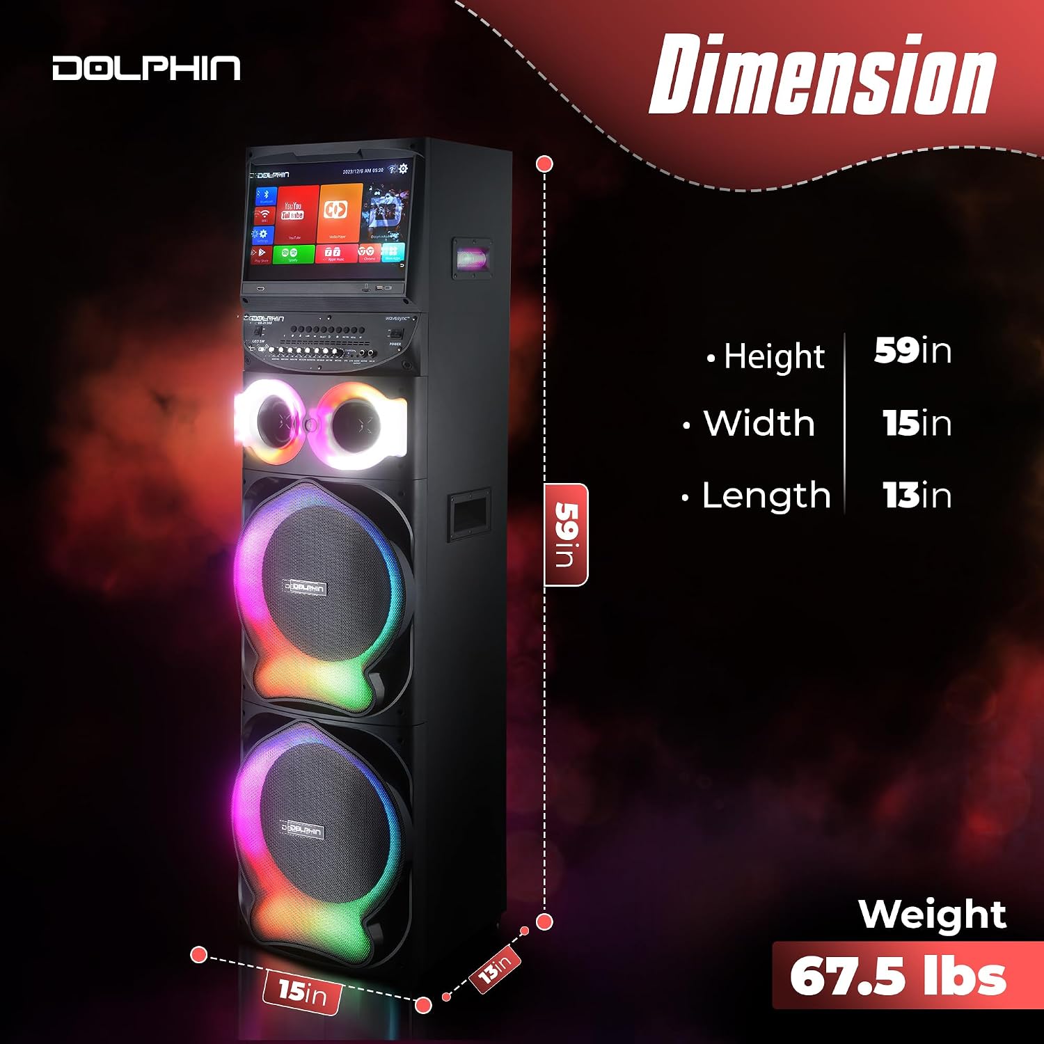 Dolphin Karaoke Machine with 2 Wireless Microphones, Dual 12" Woofers | 200W RMS, 15.4" Touchscreen, Android, Bluetooth, HDMI, WiFi, USB, TF