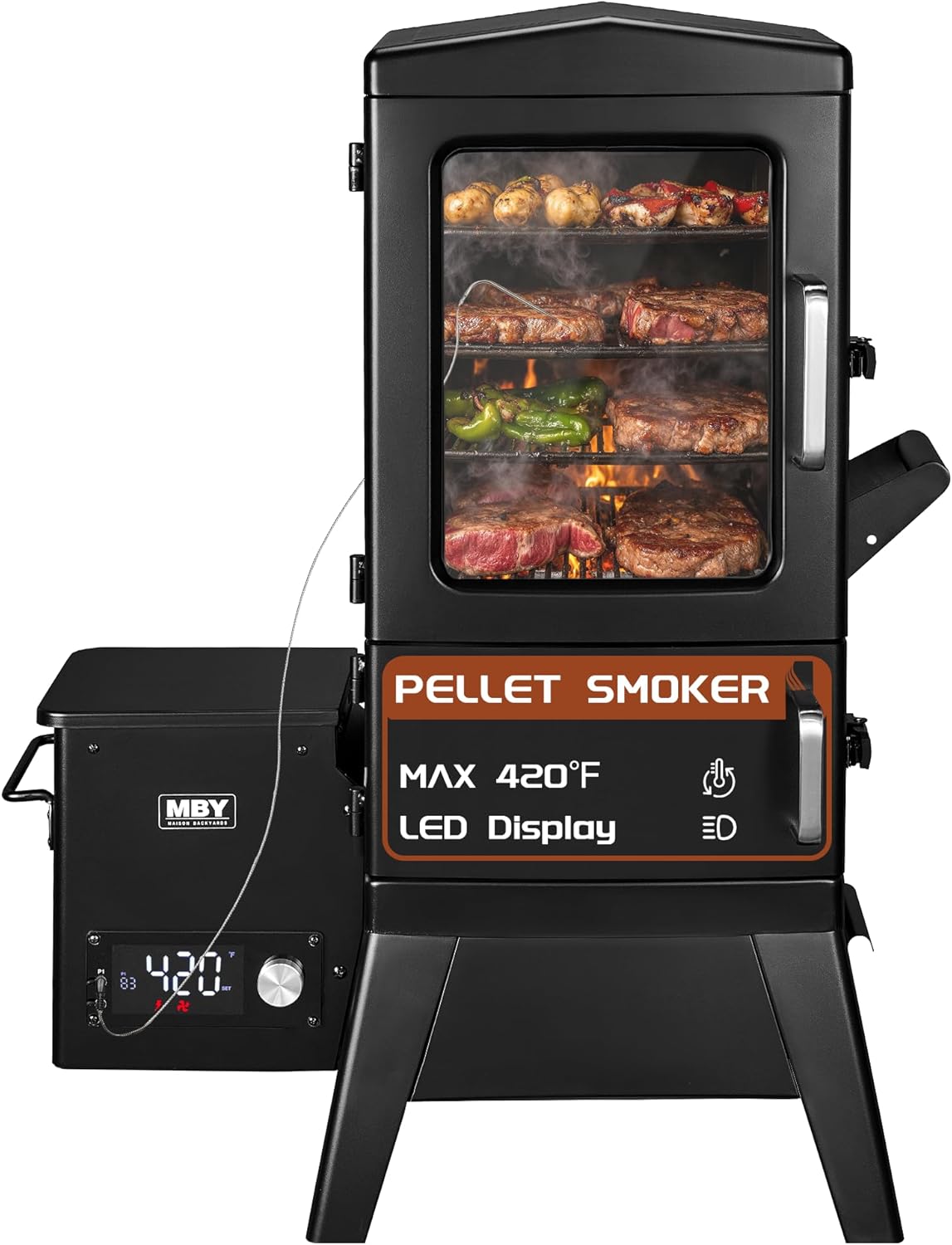 Electric Pellet Smoker with Rainproof Cover, Vertical Wood Pellet Smokers Grill With Hook Meat Probe LED Display Temperature Control