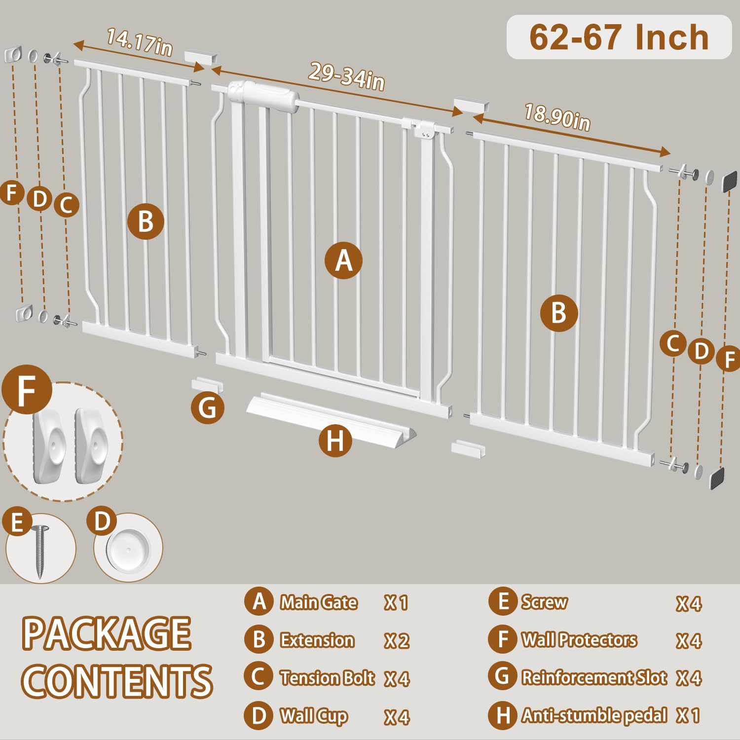 Fairy Baby Extra Wide Baby Gate for Doorways Auto Close Safety Gates for Bedroom, Fits 57.5 Inch to 62 Inch with Pressure Mounted Extention Kit, White | Pressure Mounted No Drill Pet Gate with Door, Heavy Duty Walk-Through Gate for Toddlers, Kids, Dogs,…
