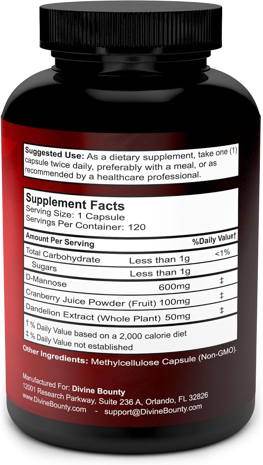 Divine Bounty D-Mannose 600mg with Cranberry & Dandelion Extract, 120 Caps | UTI