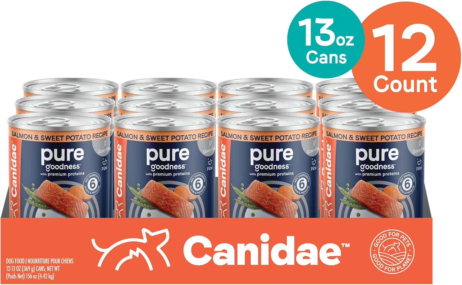 CANIDAE Pure Goodness Wet Dog Food, Salmon & Sweet Potato, 13 oz, 12 Pack