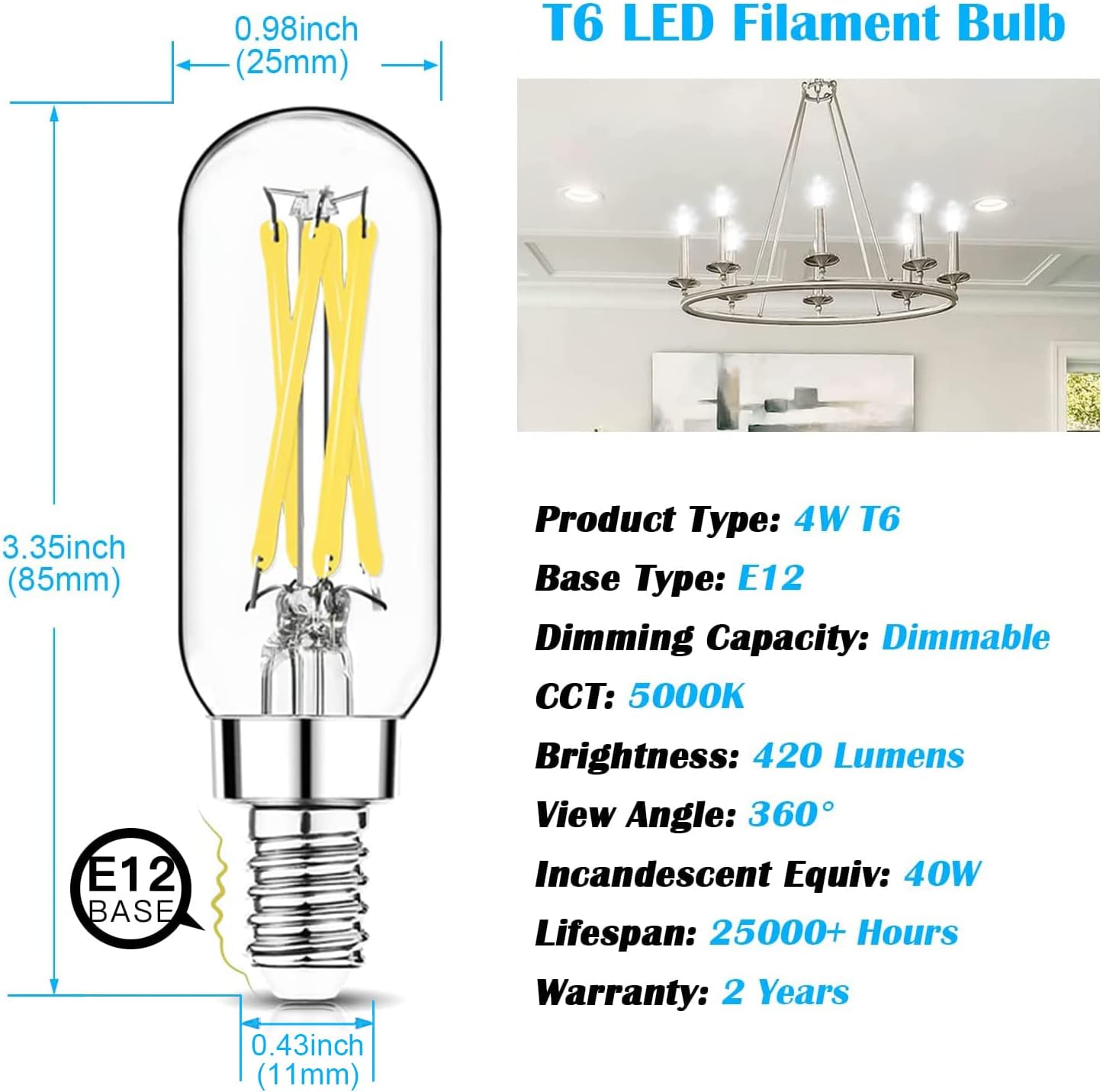 12 Pack E12 LED Edison Bulbs, 4W Dimmable T6, 2700K Warm White | Equal 40W, Dimmable T6 T25 LED Bulb, 420lm, No flicker, Candelabra light bulb for Chandelier, Ceiling Fan, Not E26 Base
