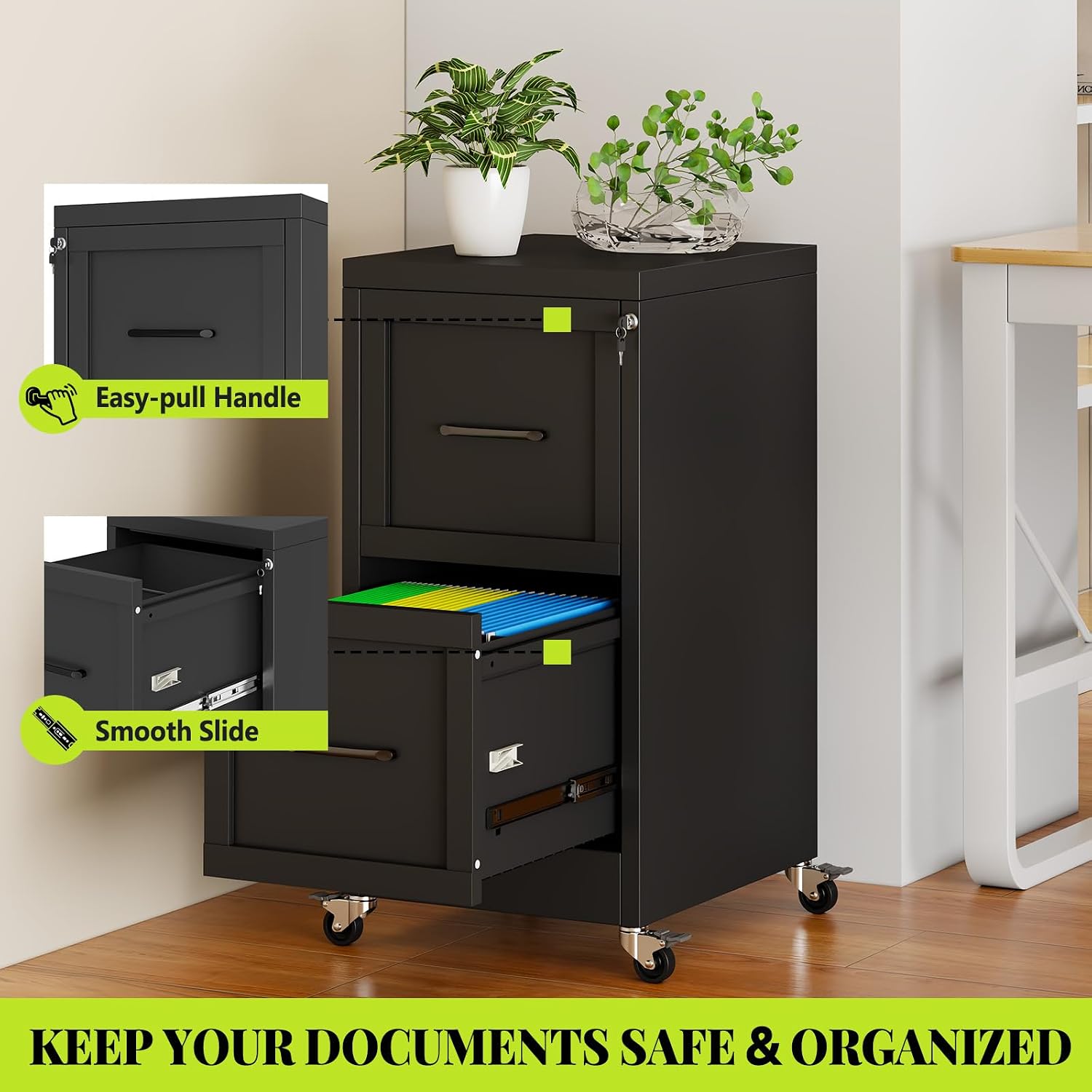 3 Drawer File Cabinet, Office Mobile Filing Cabinet, Printer Stand | All-in-One Office Storage, 3 Storage Drawers, 2 Adjustable Shelves, Lockable Cabinet, 4 Casters, 46.5-Inch Top