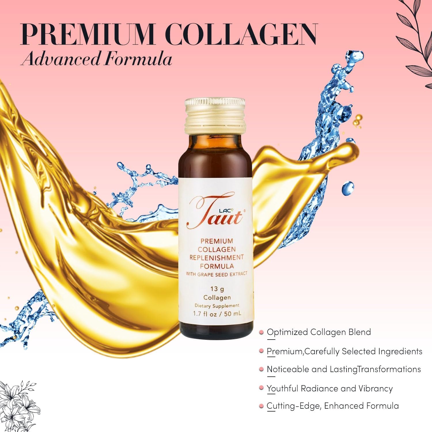 TAUT Liquid Collagen for Women – 13,000mg Marine Collagen Drink with Hyaluronic Acid, Grape Seed & Elastin – Visible Skin, Hair & Joint Support – 1 Box (8 Bottles Each)