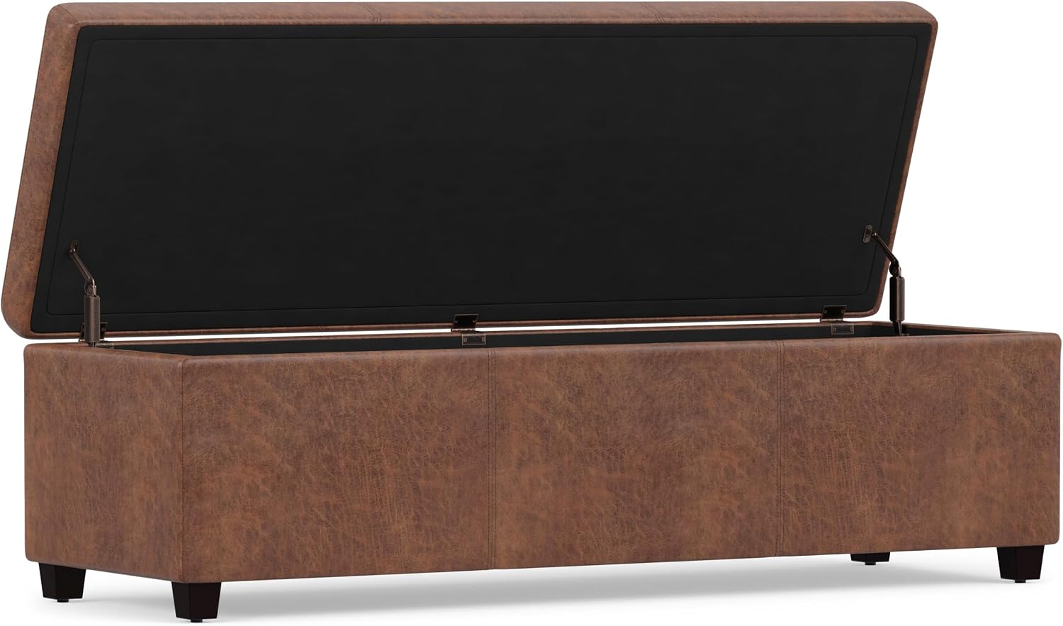 SIMPLIHOME Avalon 54" Wide Vegan Leather Storage Ottoman in Tanners Brown