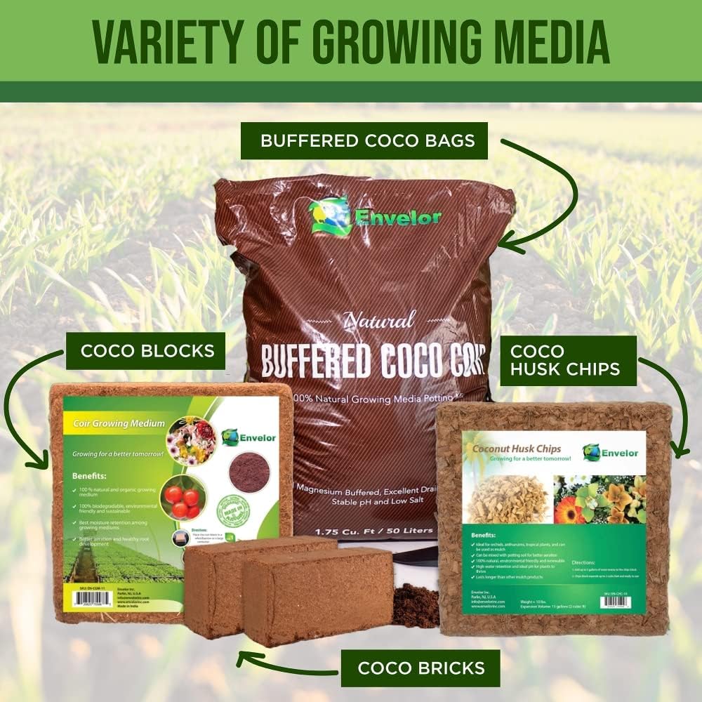 Envelor Organic Coco Coir Brick 10 Lbs. Coir Block Coconut Fiber Growing Medium Potting Soil Mix Coco Peat Media Coir Pith Indoor Outdoor Planters Vegetable Garden Beds
