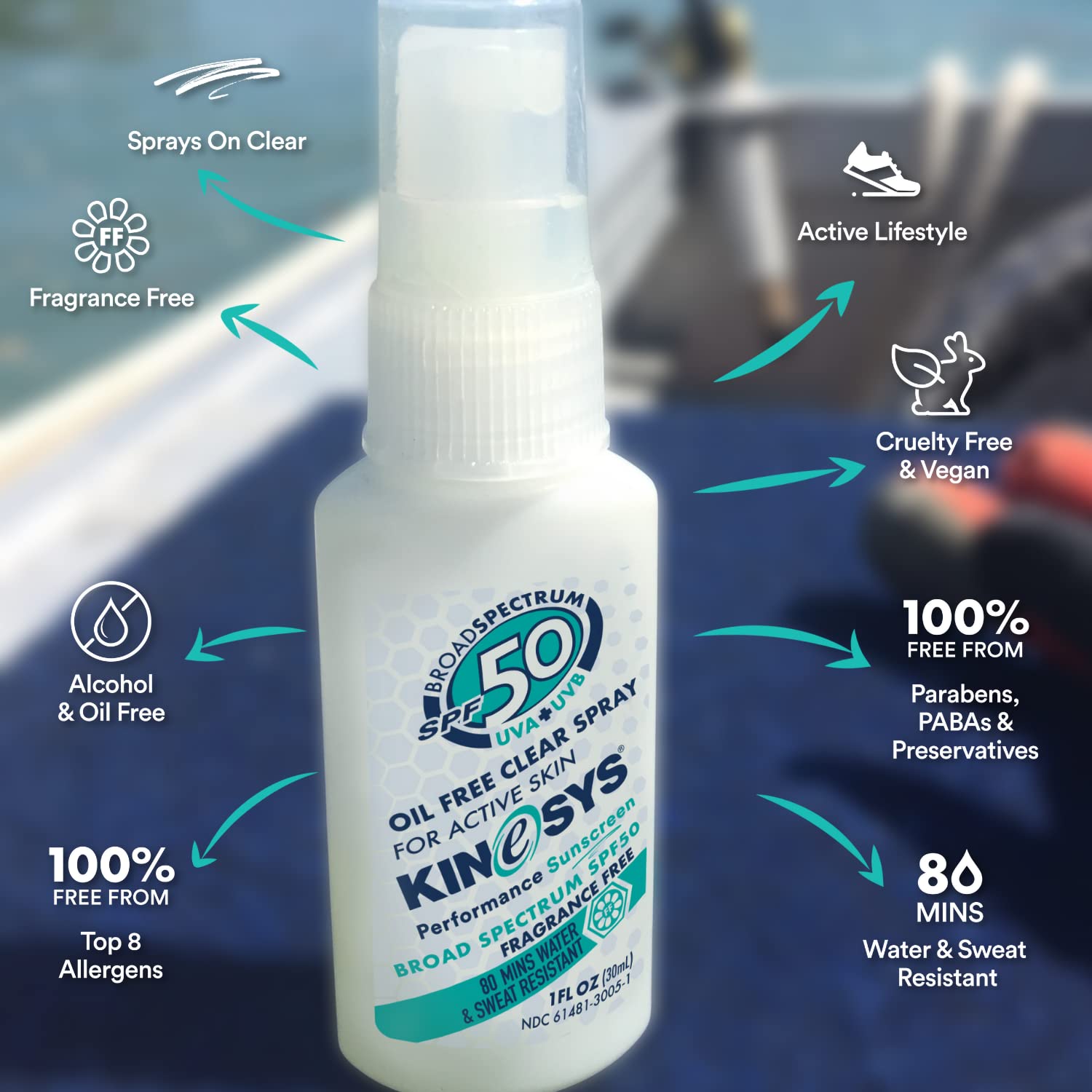 KINeSYS Fragrance Free Clear Spray Sunscreen for sensitive skin, SPF 50, Hypoallergenic, Broad Spectrum UVA/UVB protection for Face & Body; PABA and Oxybenzone FREE, 700+ Sprays, 4 Fl Oz/120 mL