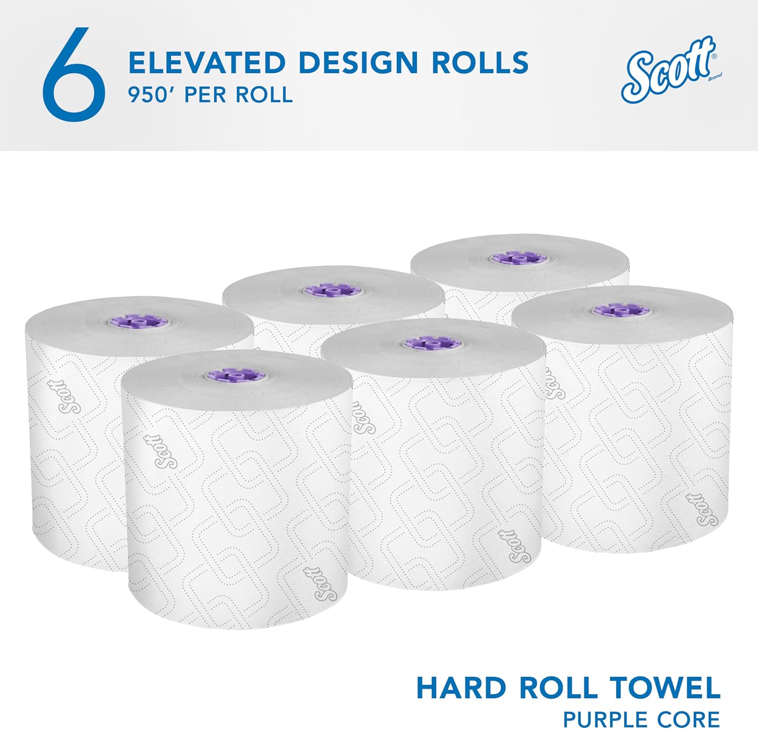 Scott Professional Hard Roll Paper Towels, Bulk, 6 Rolls x 950' (02001) | Purple Core, High-Capacity, Elevated Design, Absorbency Pockets, White, Plus Tier, Compatible with Scott Essential Dispensers