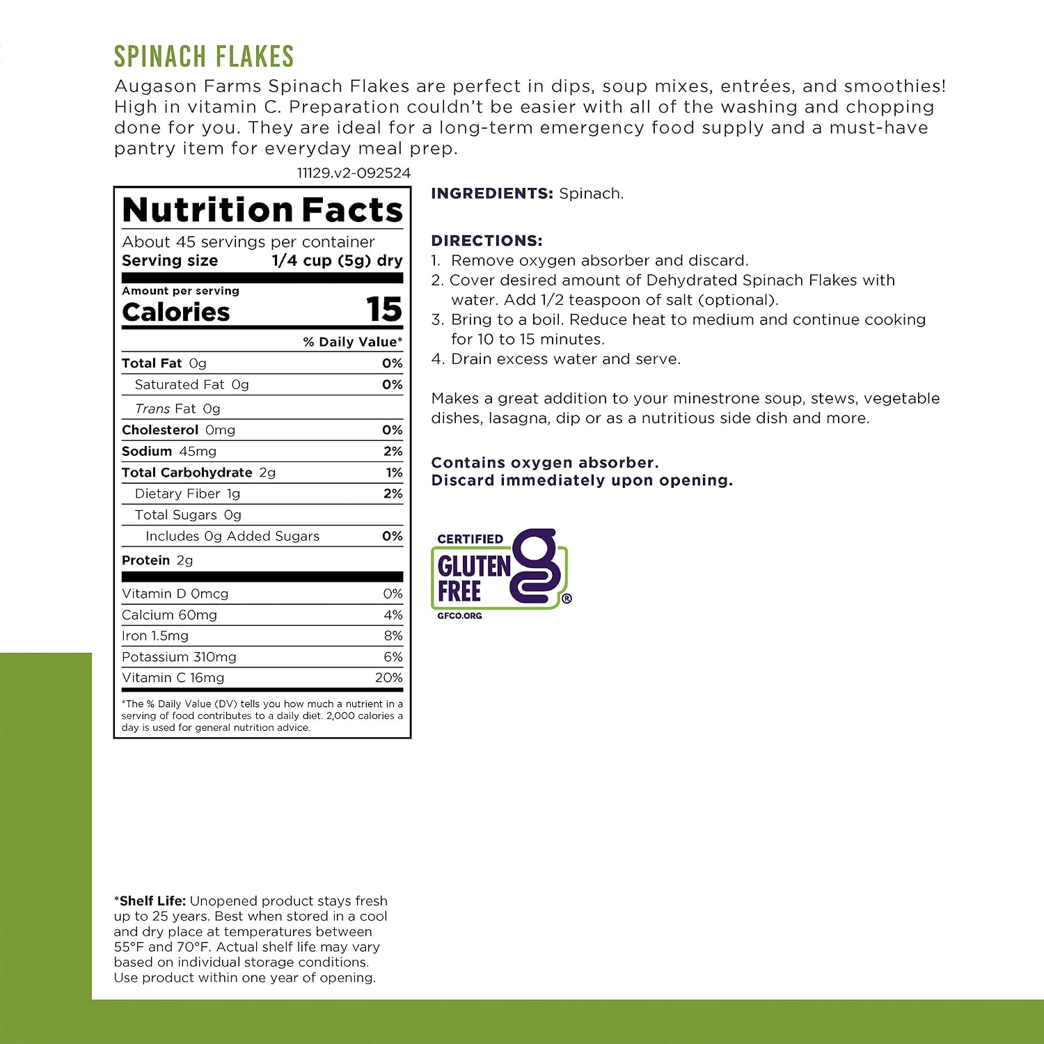 Augason Farms Dehydrated Spinach Flakes Can | Emergency Food Supply, 45 Servings, 25 Year Shelf Life, 15 Calories per Serving, Dehydrated Meals