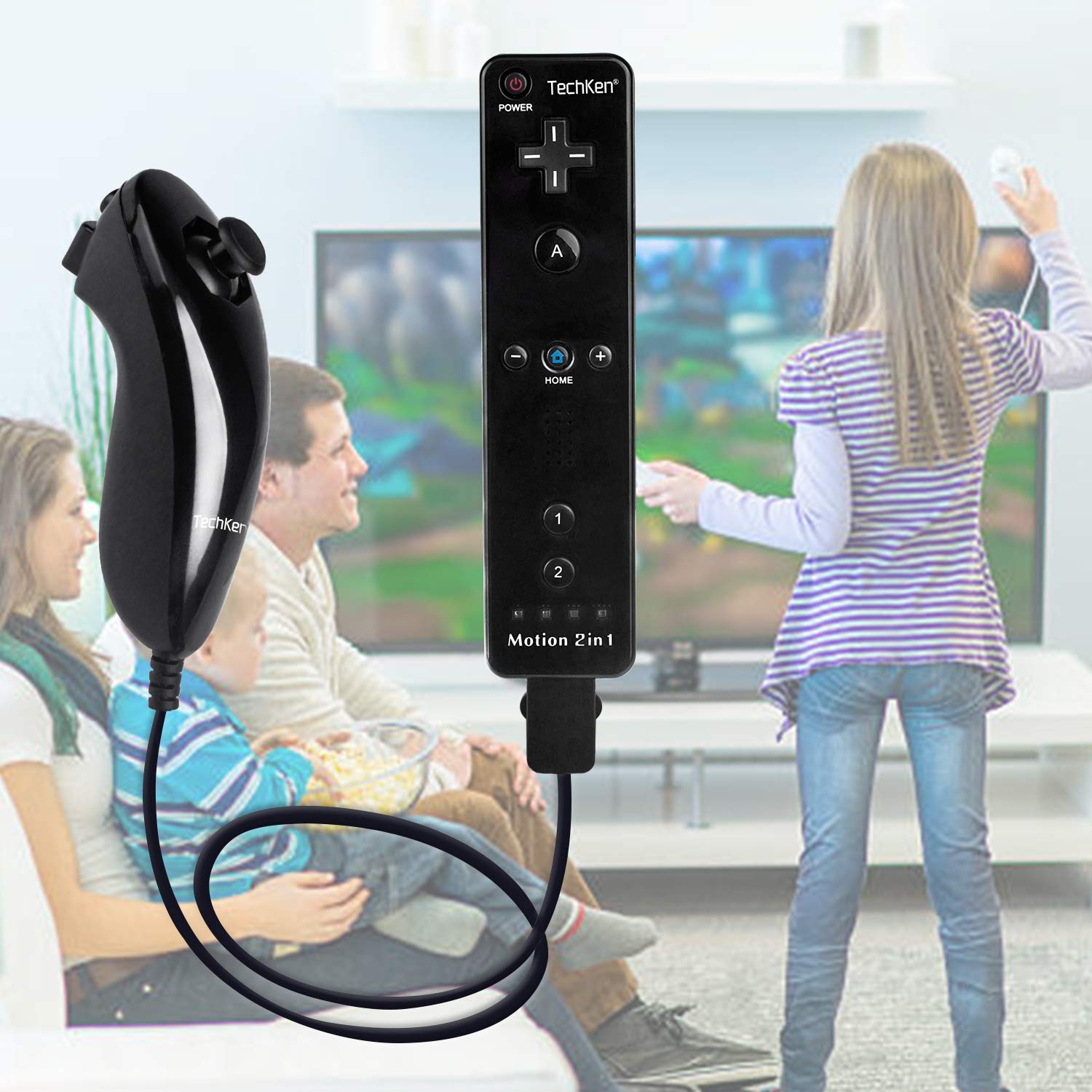 TechKen 2 Pack Wii Controllers with Wii Motion Plus Inside | Shock Wii Nunchuk Controller | Compatible Nintendo Wii, Motion Plus Wii Controller
