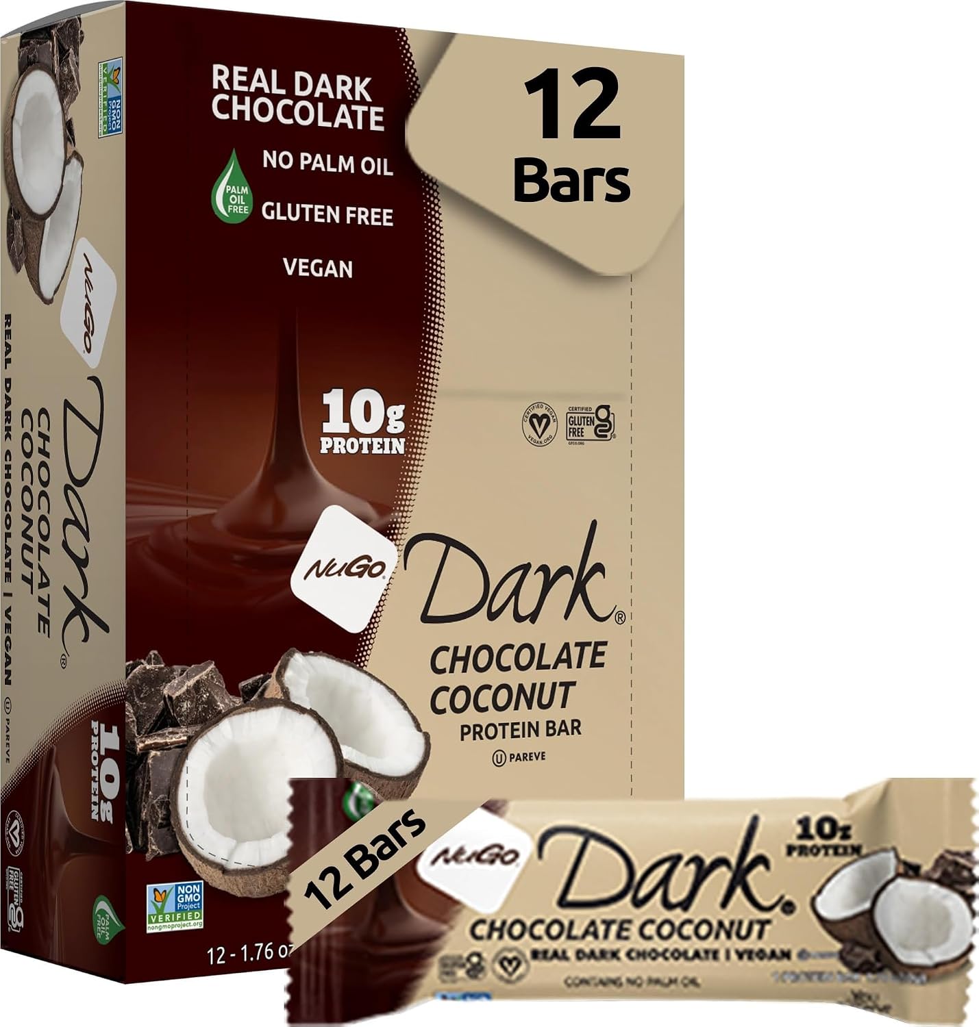 NuGo Dark, Mint Chocolate Chip, 13g Vegan Protein Bar, Gluten Free, 24 CT