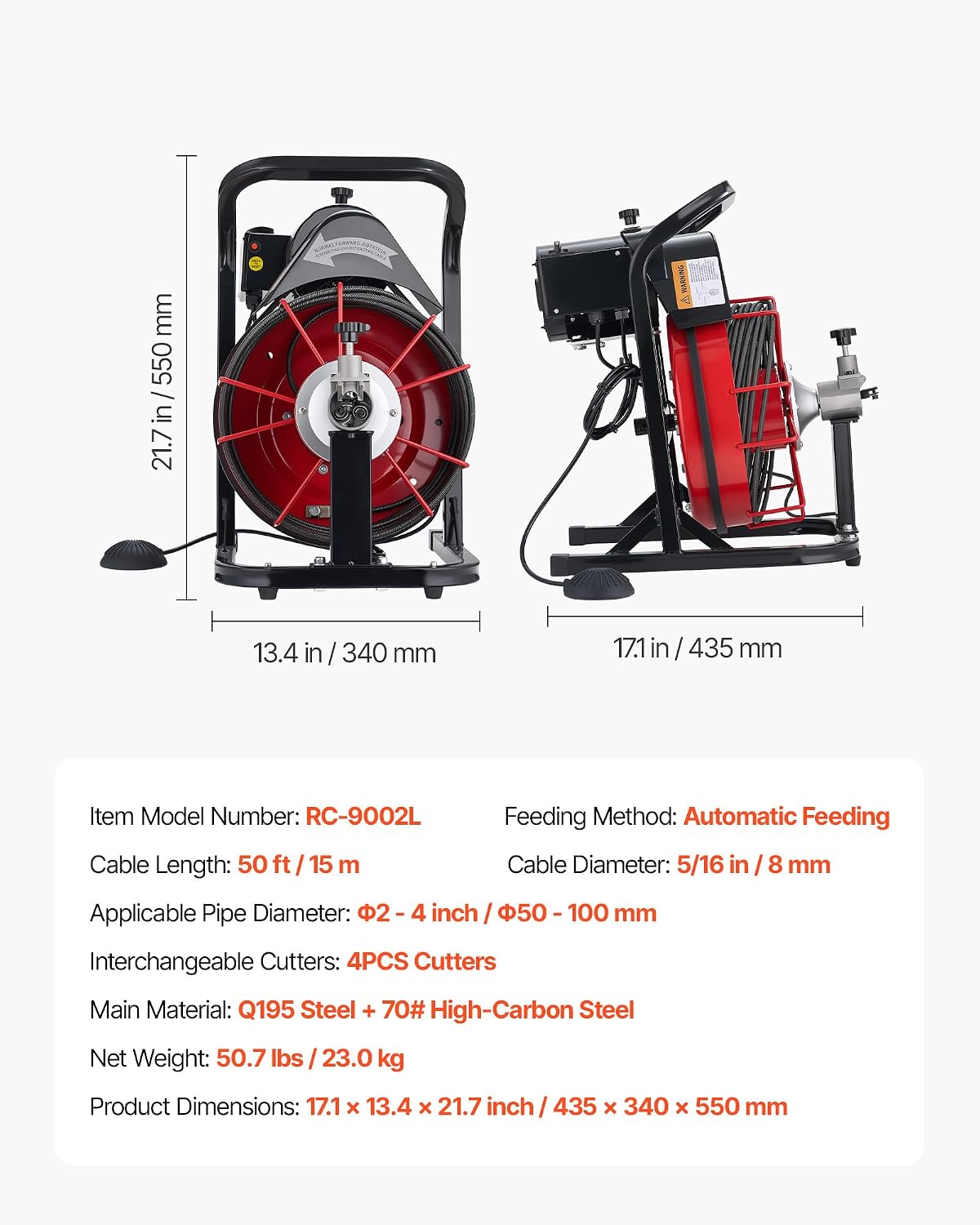 VEVOR Drain Cleaner Machine 75 FT x 3/8 Inch, Sewer Snake Auger Manual Feed with 4 Cutters & Air-activated Foot Switch for 2" to 4" Pipes