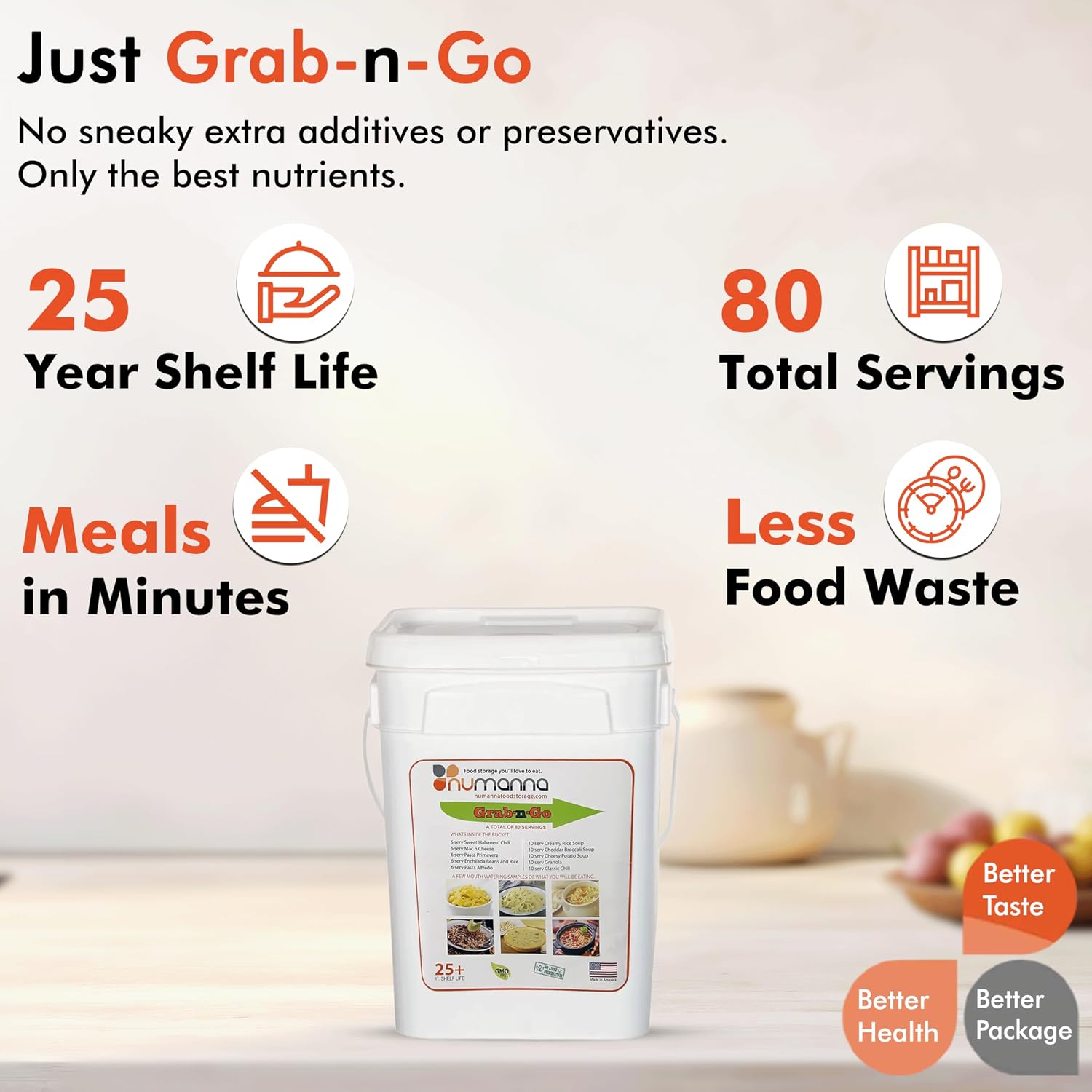Numanna Grab-n-Go Bucket 80 Servings, 12 lbs | Freeze-Dried Premade Meals | 25+ Year Shelf Life | Non-Perishable, Ready-to-Eat Breakfast & Dinner Everyday Meals | Emergency & Survival Food Kit | Made in USA