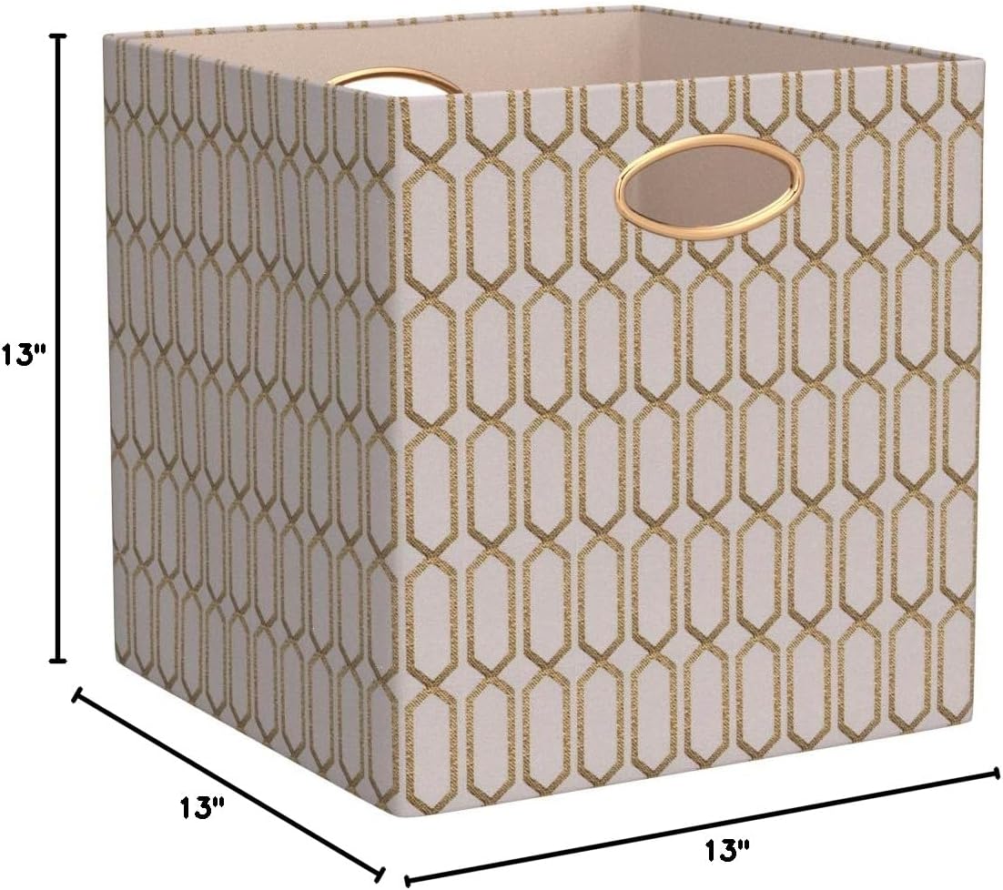 Posprica Storage Bins, Storage Cubes,13×13 Fabric Drawers Organizer Basket Boxes Containers (13×13×13/4pcs, Cream/gold geometry Pattern)