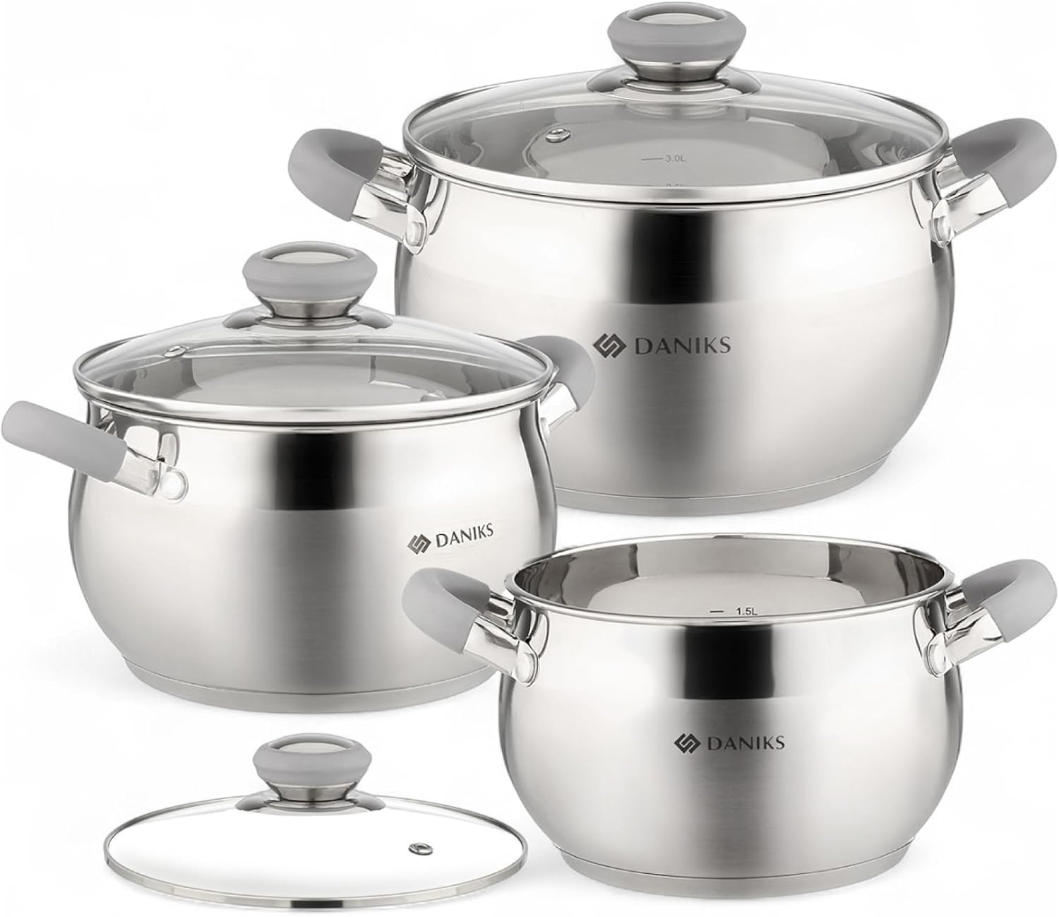 Daniks Modern 4 Quart Stainless Steel Stock Pot with Glass Lid, Tri-Ply Bottom for Even Heating, Induction Compatible, Dishwasher Safe