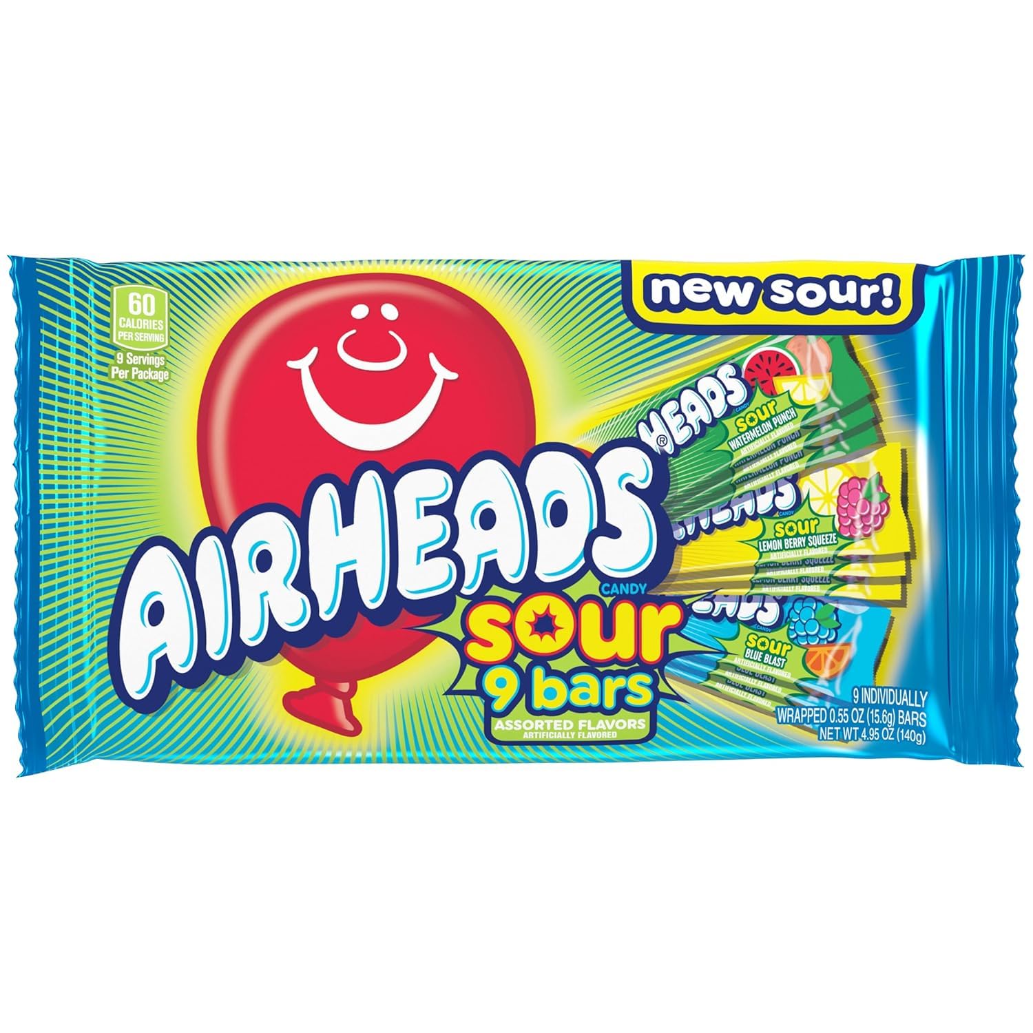 Airheads Full-Size Candy Bars, Assorted Taffy Variety Pack, 60 Count Box | Individually Wrapped Bulk Candy, Six Assorted Fruit Flavors, Artificially Flavored