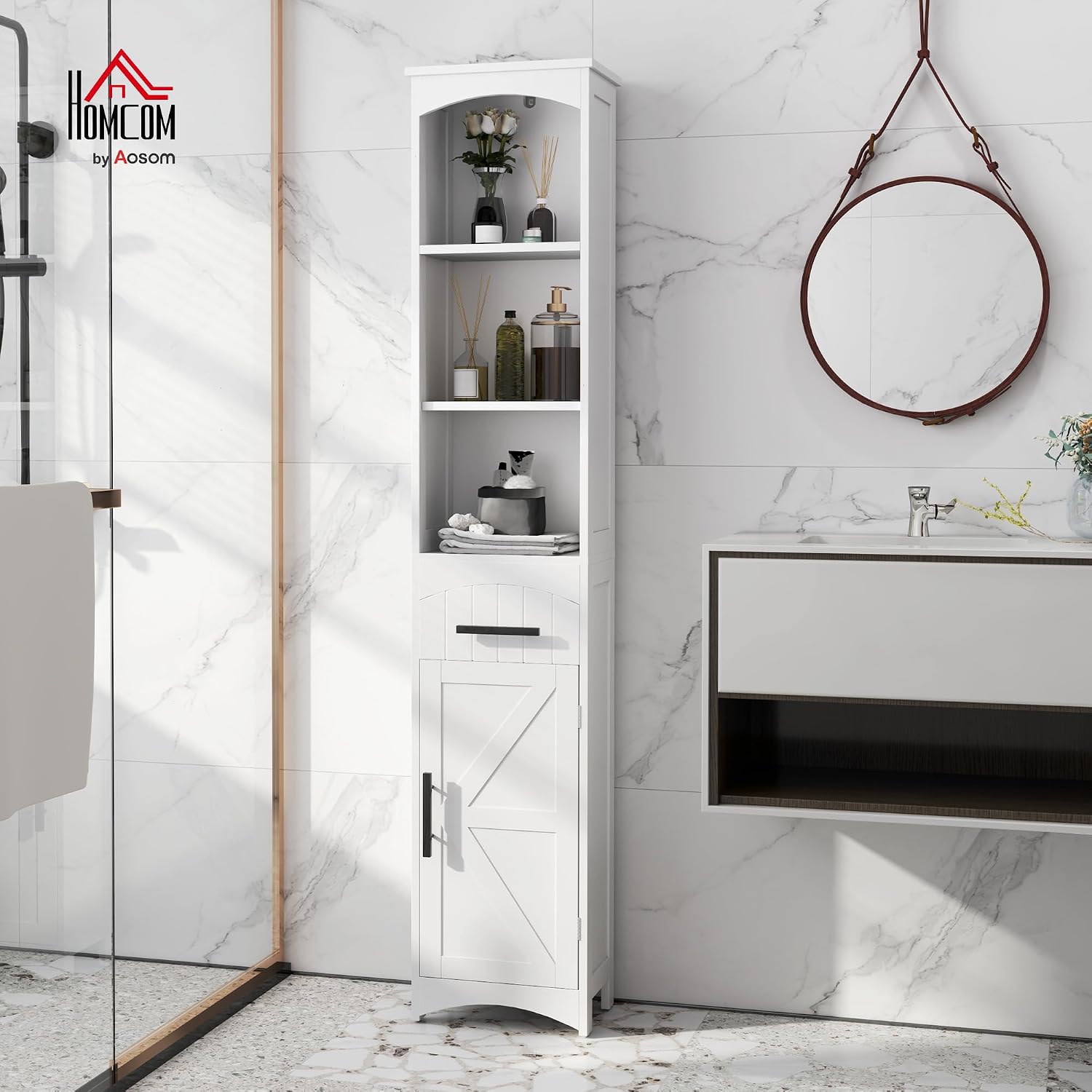 HOMCOM Tall Bathroom Storage Cabinet, Farmhouse Bathroom Cabinet, White | Narrow, Recessed Drawer, Barn Door