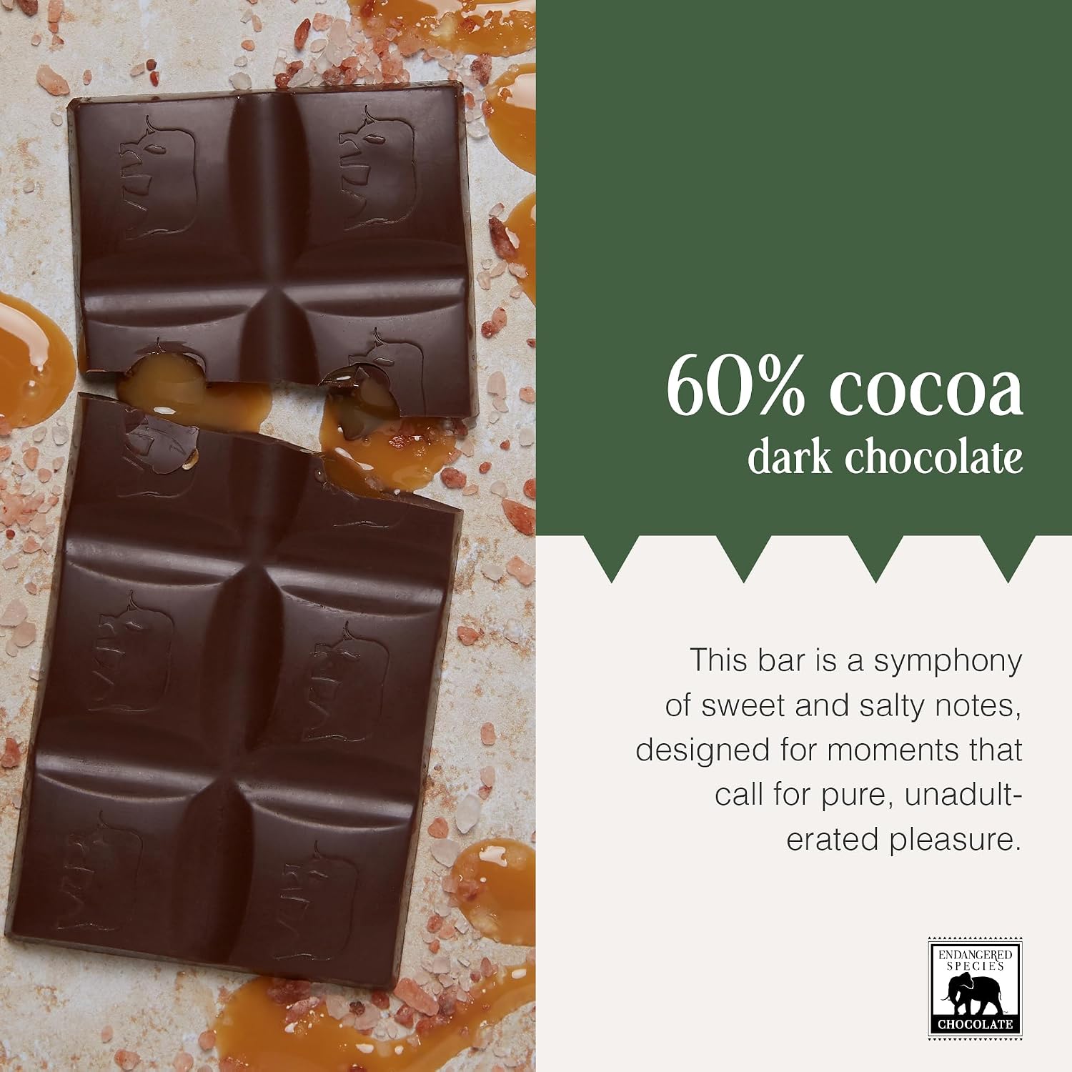 Dark Chocolate with Caramel & Sea Salt (60% cocoa) | Rich 60% dark chocolate with caramel and sea salt for a perfect balance of sweet, salty, and bold cocoa.