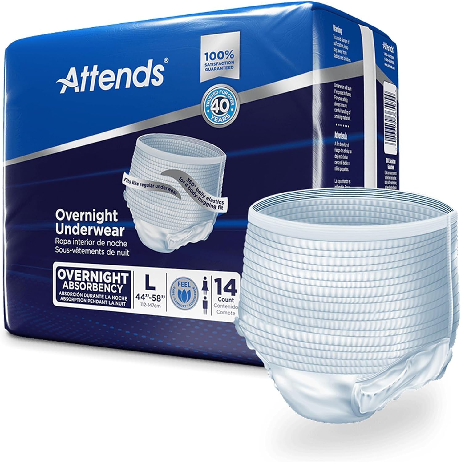 Attends Overnight Underwear for Adult Incontinence Care with ConfidenceCuff™ Protection, Overnight Absorbency, Unisex, X-Large, 12 Count (x4) | Unisex