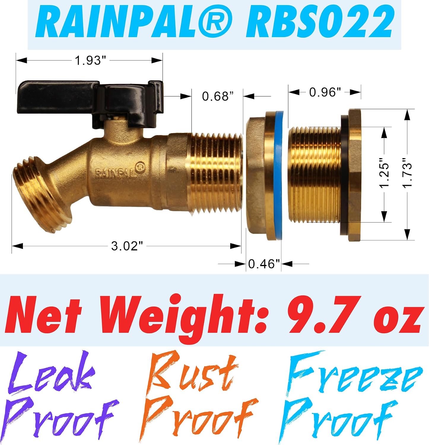RBS022 Brass Rain Barrel Spigot(3/4" Quarter Turn Ball Valve w/ Bulkhead Fitting and Thread Tape)