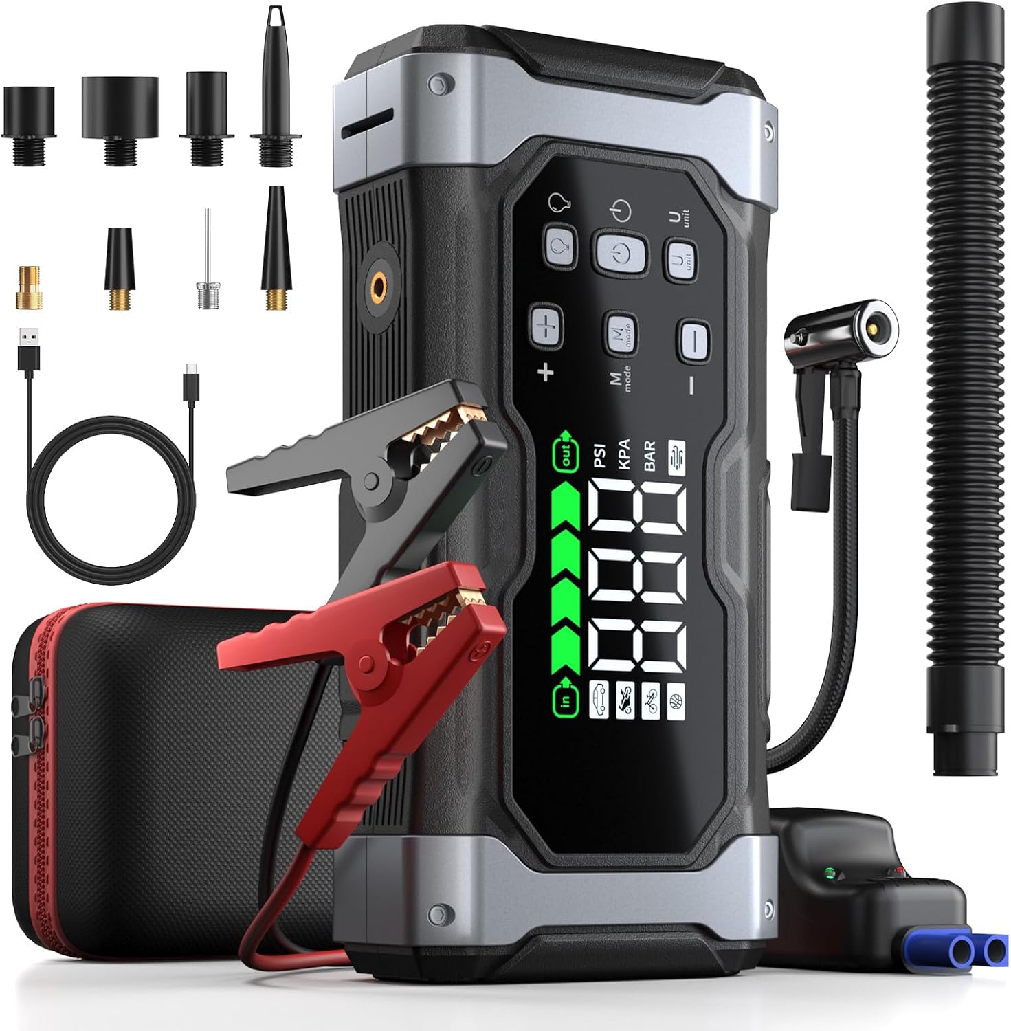All-Around 9000A Jump Starter with 150PSI Air Compressor/Deflator, 12V Portable Car Booster (All Gas/14L Diesel), 9-in-1 Power Pack with Real-Time LCD