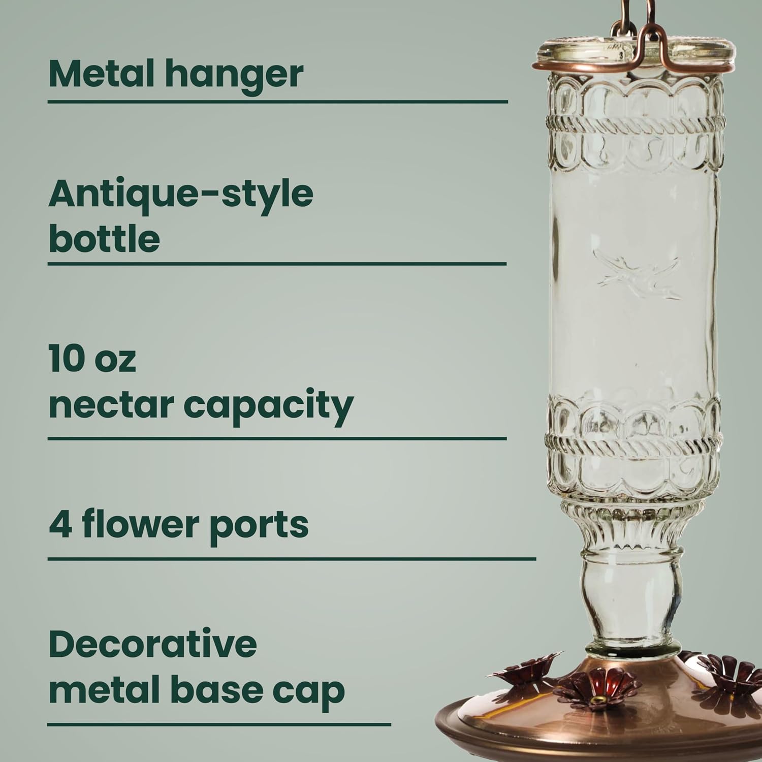 Perky-Pet Antique Glass Bottle Hummingbird Feeder, 10 oz Capacity, Green | 4 Feeding Ports for Outdoors Hanging Bird Feeders, Backyard Garden Décor