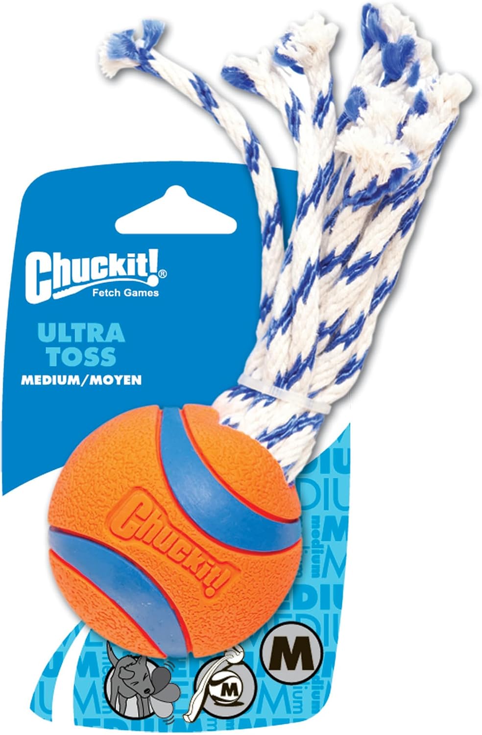 Chuckit! Ultra Tug Dog Toy - Ultra Ball on a Durable Nylon Cord Handle - Fetch and Tug-of-War Toy for Dogs - Size Large - For Breeds 60-100 lbs - 3-inch Diameter - Orange and Blue