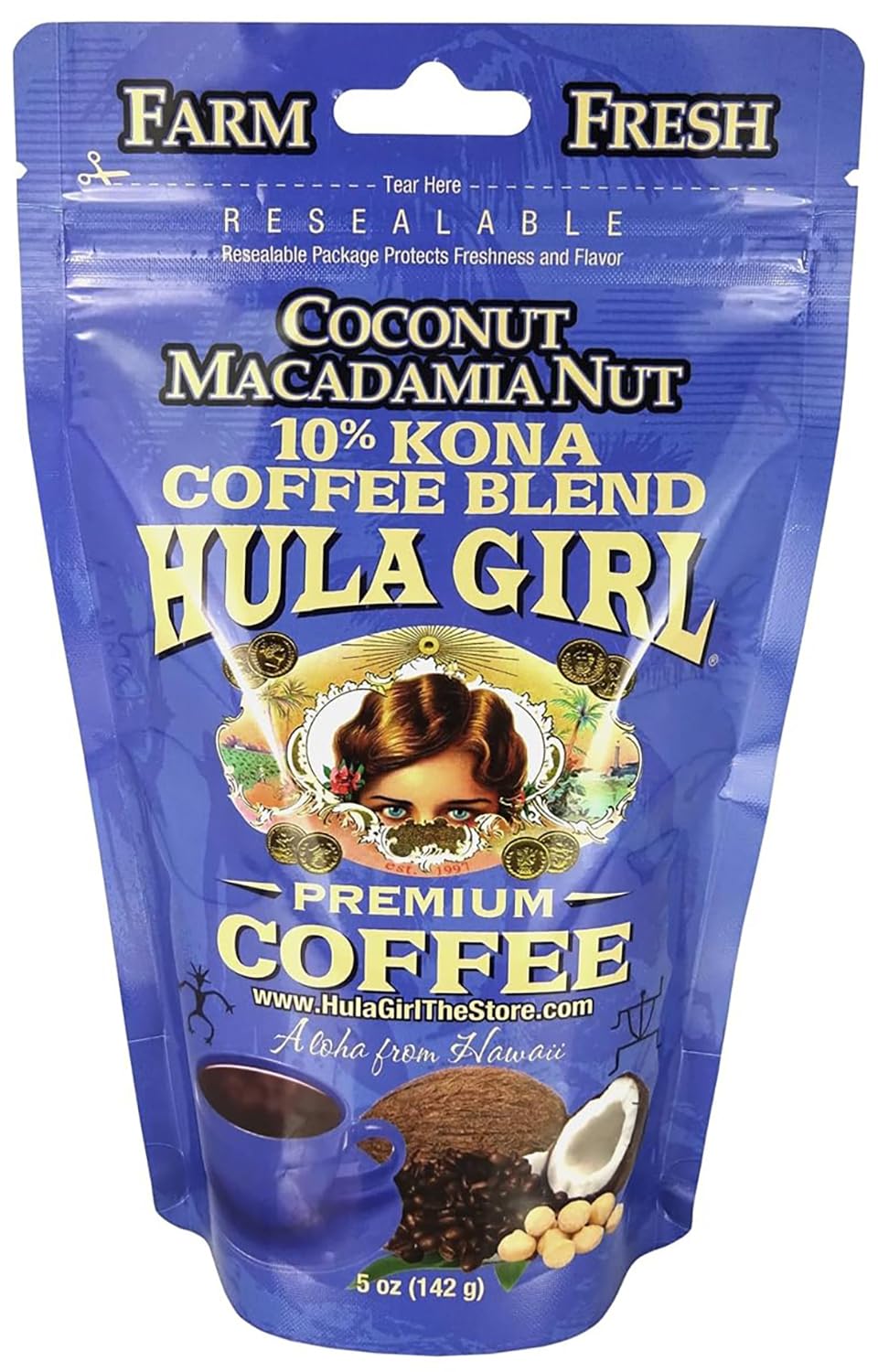 Hula Girl 10% Kona Ground Coffee, Grown in Hawaii, Hand Picked, Sun Dried, Fresh Roasted and Packed in Hawaii for 30 years, 7 Ounce