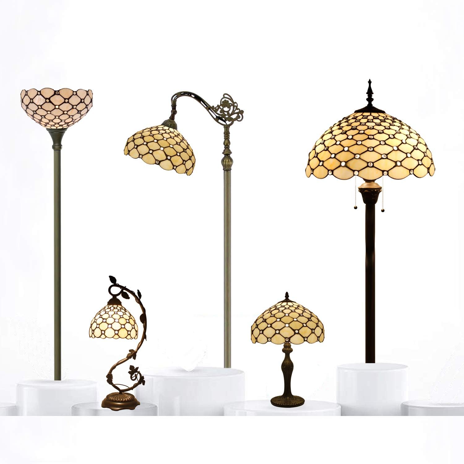 WERFACTORY Tiffany Floor Lamp Cream Amber Stained Glass Torchiere Light | 12X12X71 Inches Pole Standing Corner Torch Bead Uplight Decor Bedroom
