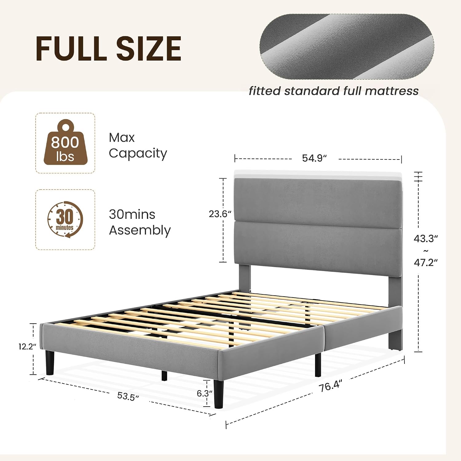 GRUSIGN Queen Size Platform Bed Frame with Velvet Headboard, Adjustable Height Wooden Slats Support, Upholstered Mattress Foundation, Fits Mattress or Mattress with Box Spring, Easy Assembly, Beige