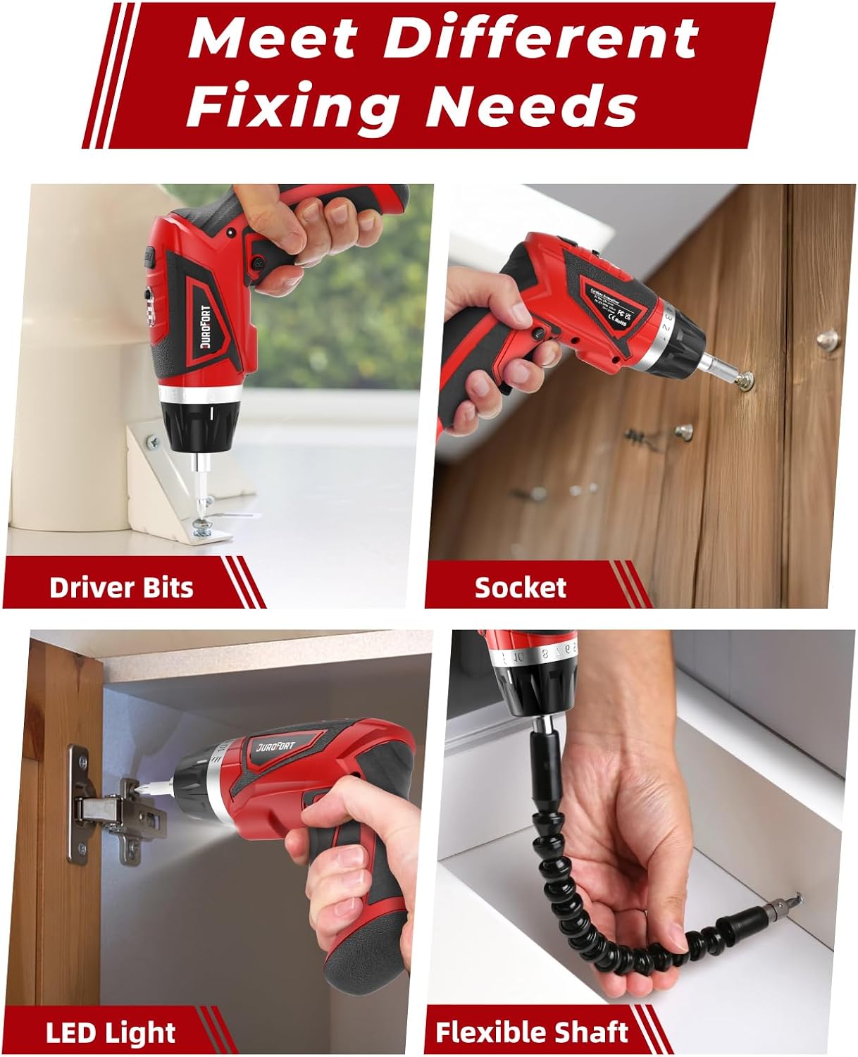 Cordless Electric Screwdriver Set, 8V 10Nm Rechargeable Power Electric Drill, Battery Screw Gun with Driver Bit, 320RPM/10+1 Torque, 2 Position Handle, Flexible Shaft LED Light (Red, 28Pcs)