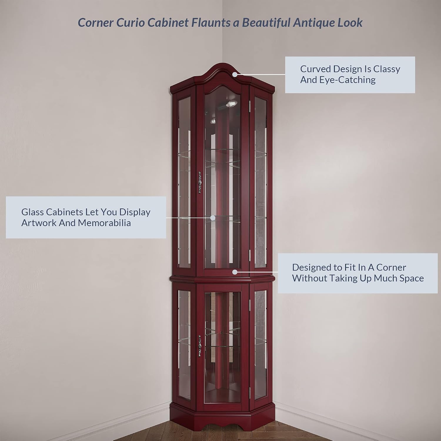 BELLEZE Lighted Corner Display Curved Top Curio Cabinet Wooden Shelving Unit with Tempered Glass Door