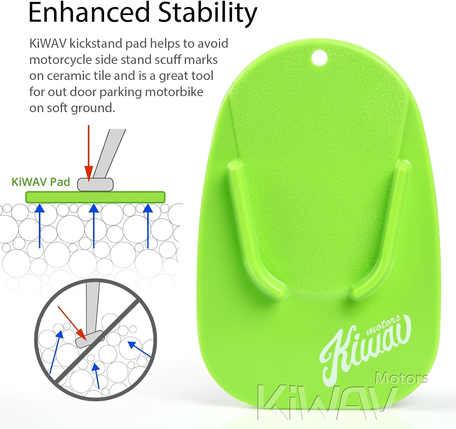 KiWAV Motorcycle Kickstand Pad Plate Support Accessory - Black - Soft Ground, Grass, Hot Pavement, Outdoor Parking, Anti Sinking