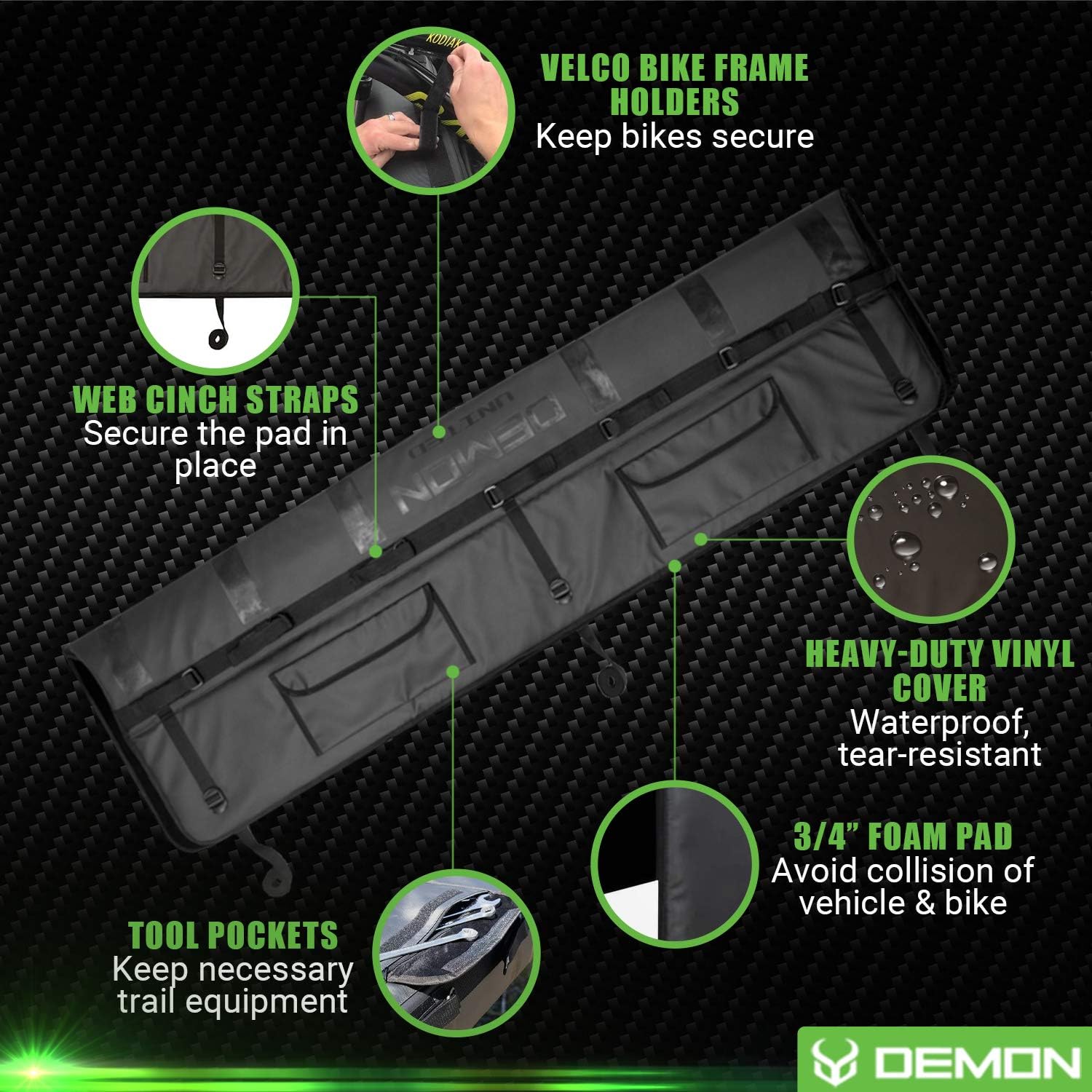 Demon Tailgate Pad for Mountain Bikes with Tool Pocket for Mechanic Tools/Tailgate Cover with Secure Bike Frame Straps