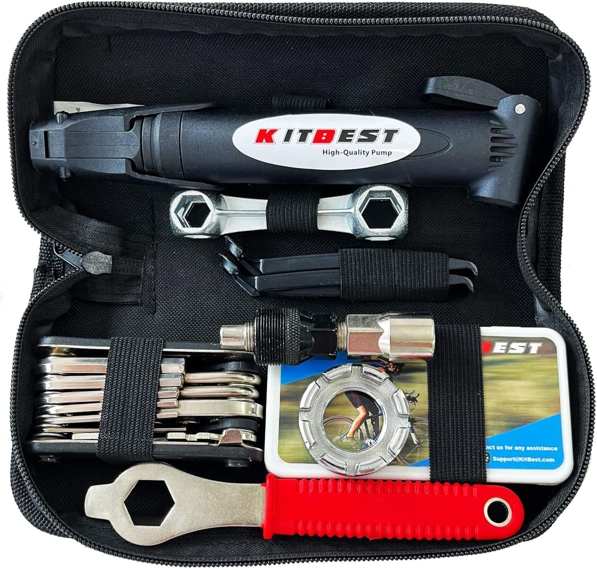 Bike Repair Bag with Tire Pump and Portable Bicycle Kit for Camping Travel | All in One Tool kit, 16 in 1 Bike Multitool, Bike Glueless Patches, Bicycle Tire Repair Kit, Fits Mountain & Road Bike