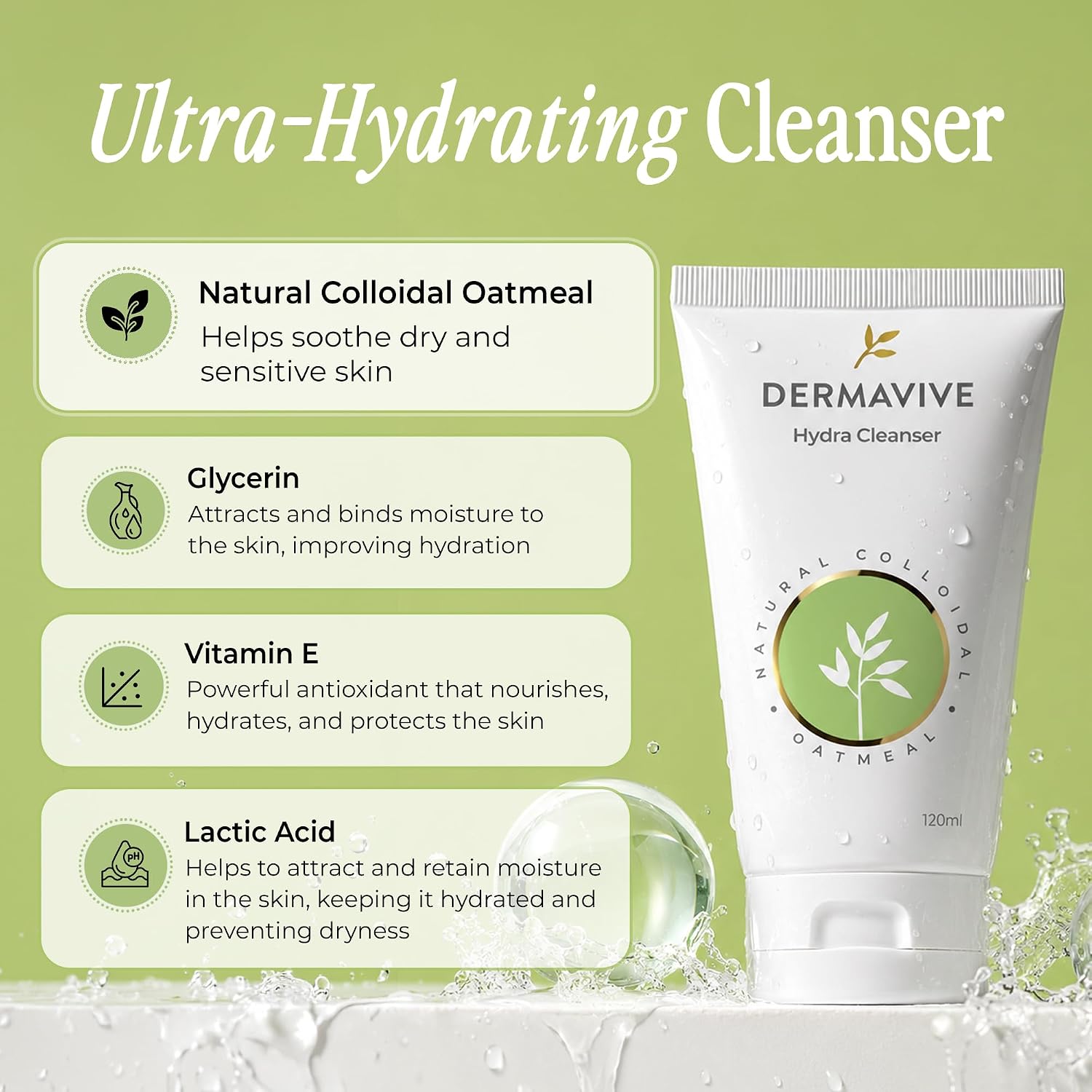 Dermavive Hydrating Facial Cleanser, Soap-Free Gentle Cleanser with Colloidal Oatmeal & Vitamin E, Soothes & Moisturizes Sensitive & Dry Skin