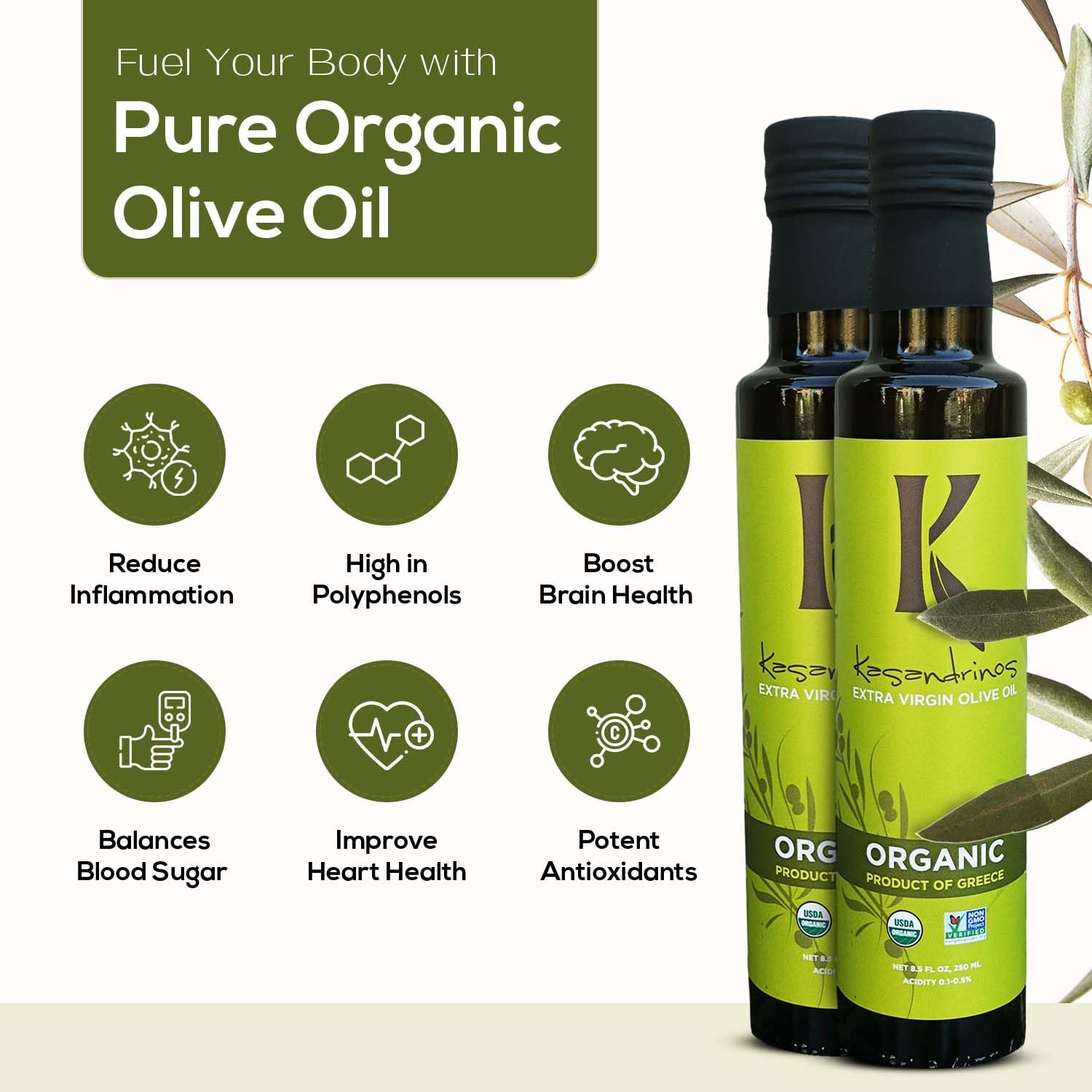 Kasandrinos Organic Olive Oil Extra Virgin, Polyphenol Rich Greek Olive Oil, 100% Organic First Cold Pressed, Mild + Delicate Flavor, Verified by Non GMO, 500 ml / 16.9 oz