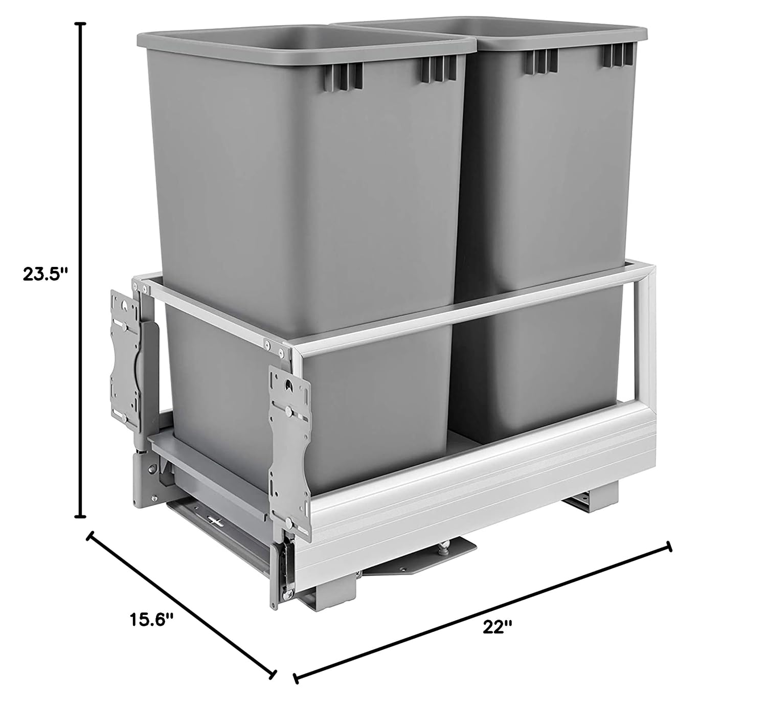 Rev-A-Shelf Double 50 Qt Pull Out Trash Can w/Soft-Close for Base Kitchen Cabinets, Min Opening Width of 15.75", Silver, 5149-2150DM-217