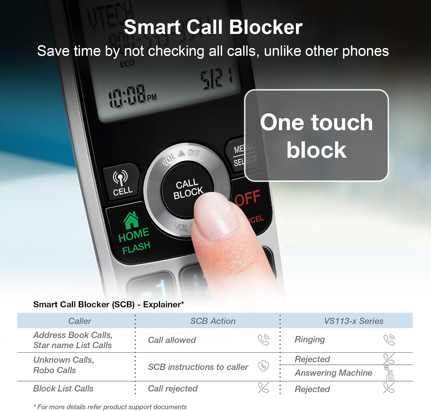 VTech VS113-5 Extended Range 5 Handset Cordless Phone for Home with Call Blocking, Connect to Cell Bluetooth, 2" Backlit Screen, Big Buttons
