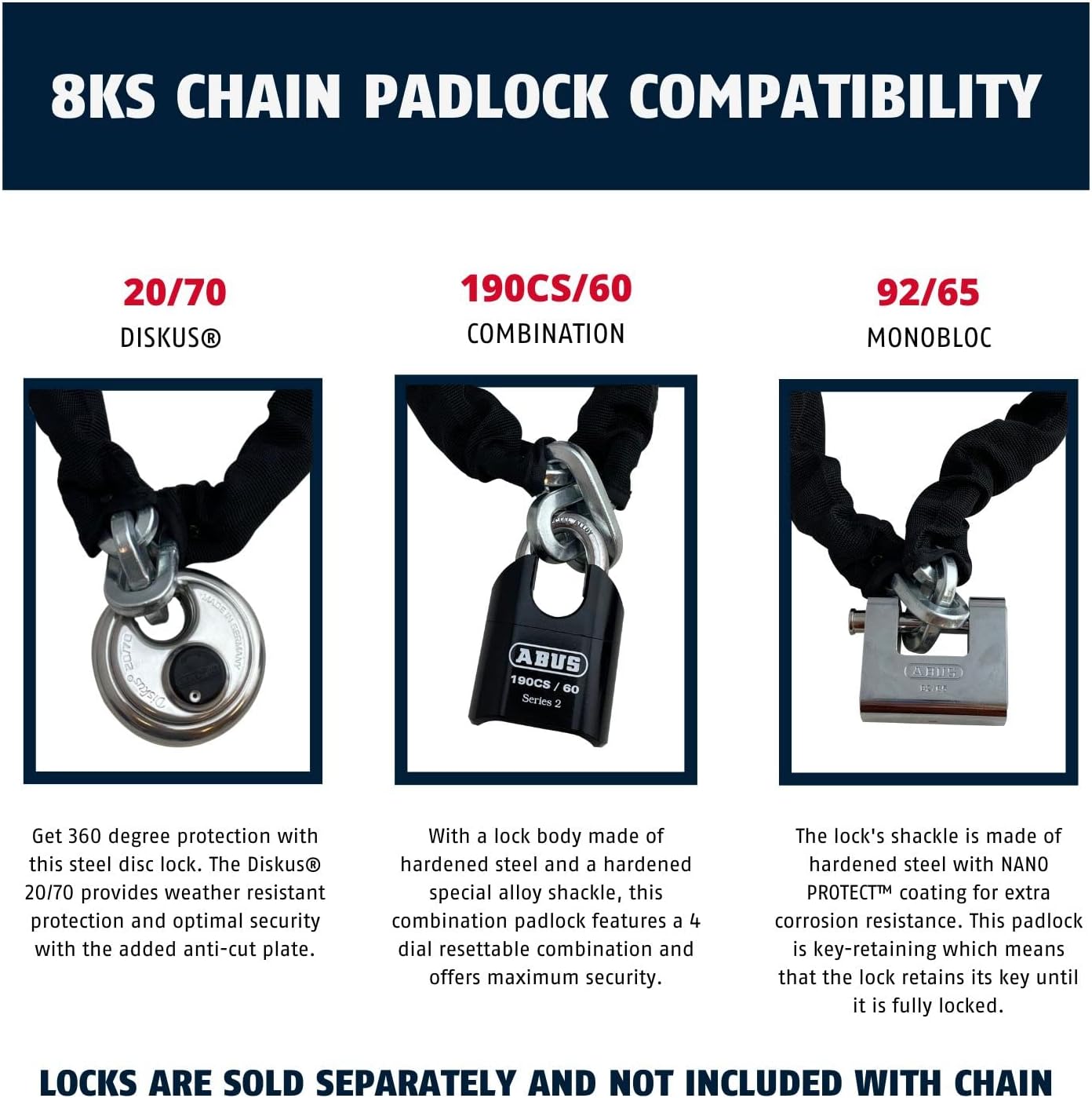 ABUS Hardened Steel 8KS 6 Foot x 5/16" Thick Square Security Chain | for Bikes, Containers, Trailers, ATV's, Motorcycles and Personal/Industrial Property