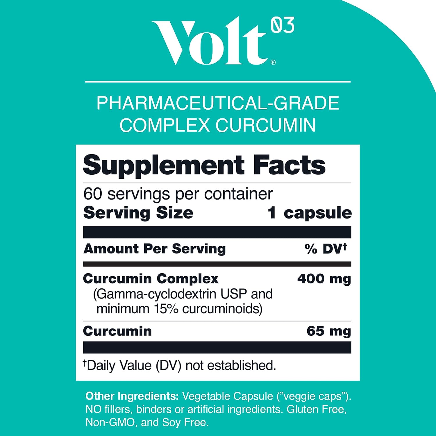 Volt03 Organic Turmeric Curcumin Capsules, 400mg Curcumin Complex, 60 Caps | 400mg curcumin complex supplement supporting joint health