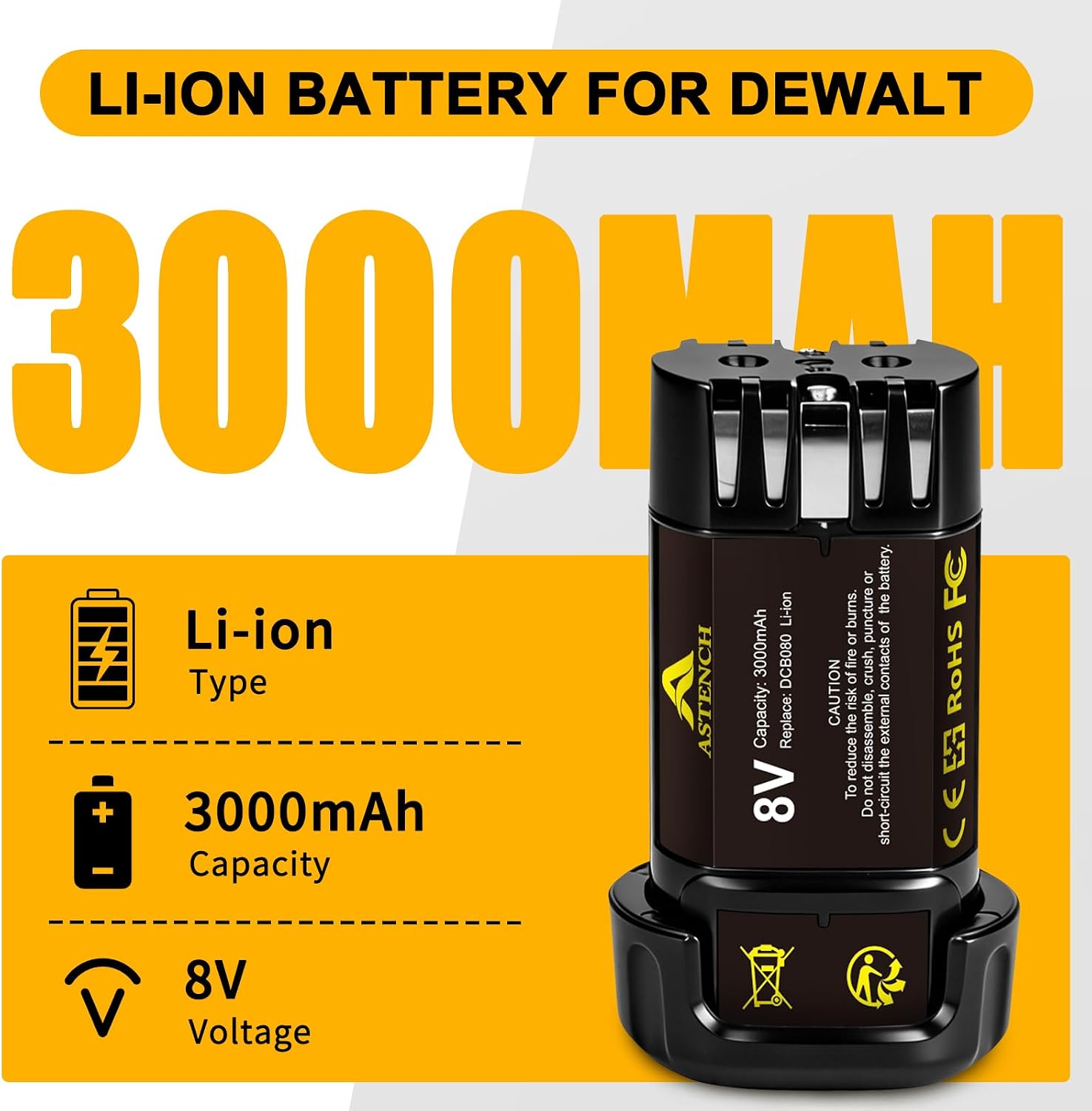 2 Pack 3000mAh 8V Li-ion Replacement Battery Compatible with DEWALT DCB080 DCF680N1 DW4390 DCF680N2 DCL023 DCF680 DCB095 DCF682 Cordless Power Tools