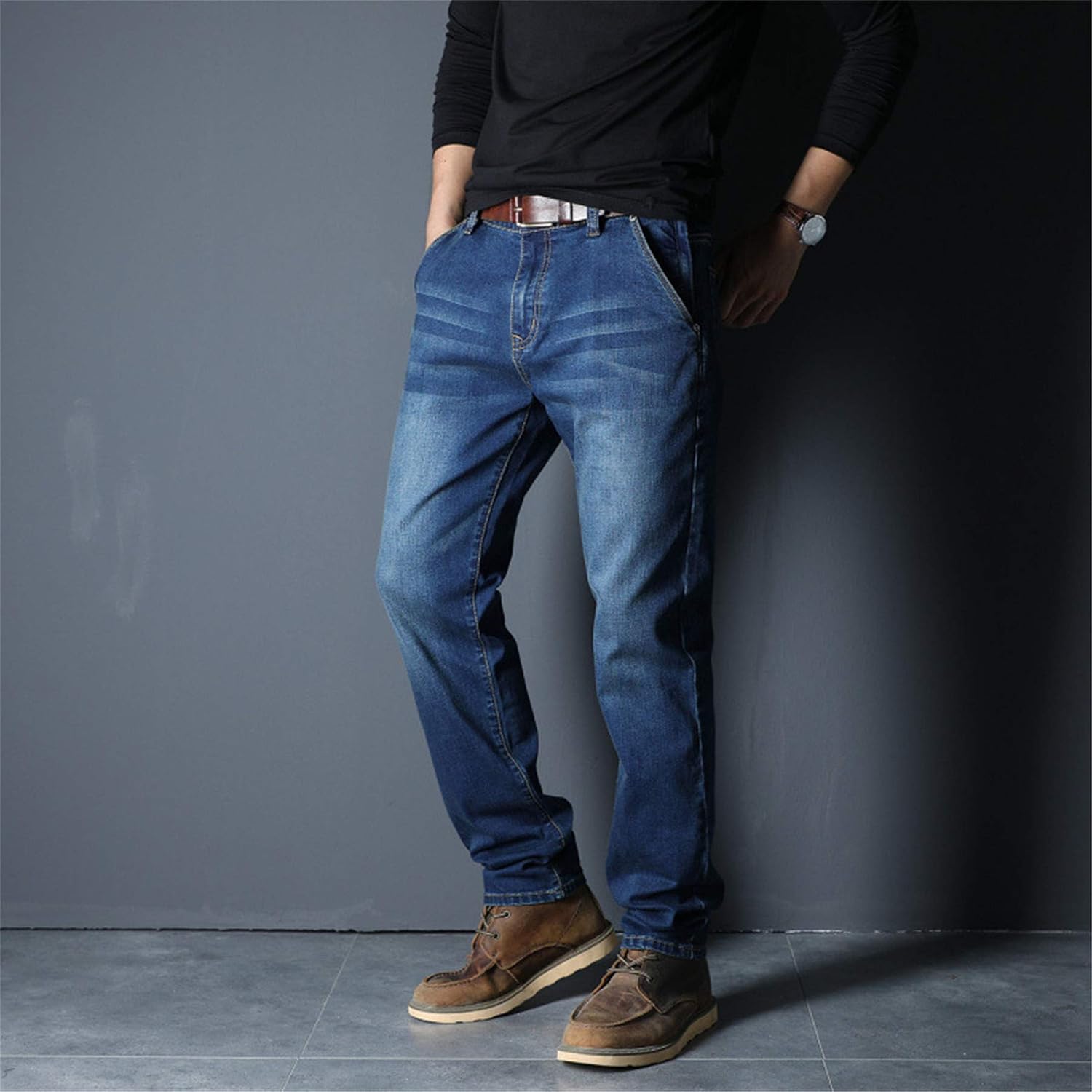 Andongnywell Men's Loose Stretch Denim Pants Elastic Waist Loose Fit Jeans Stretchy Casual Solid Trousers