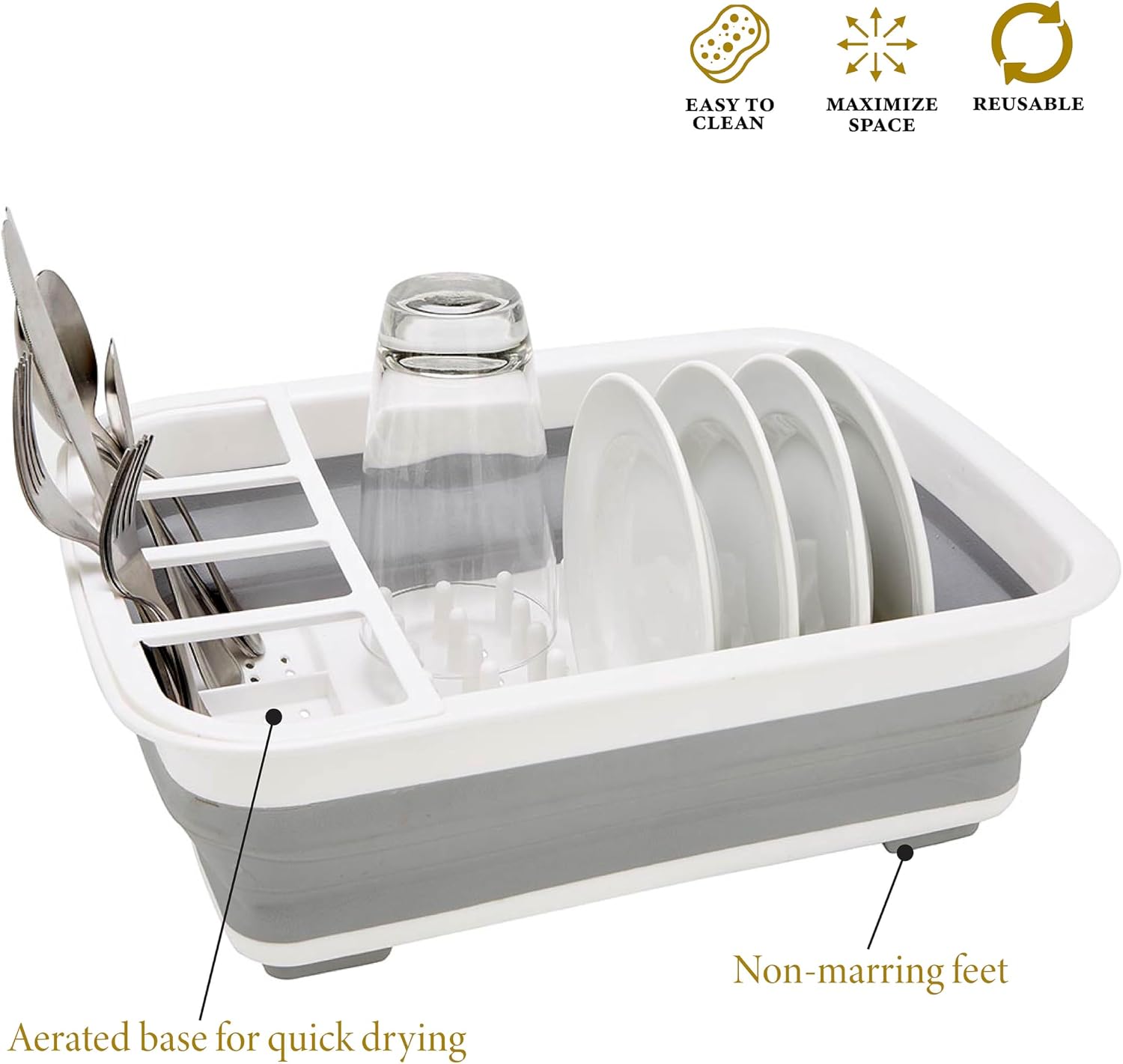 Kitchen Details Collapsible Dish Drying Rack | Space Saver | Aerated Bases Drain Holes | Plates, Bowls